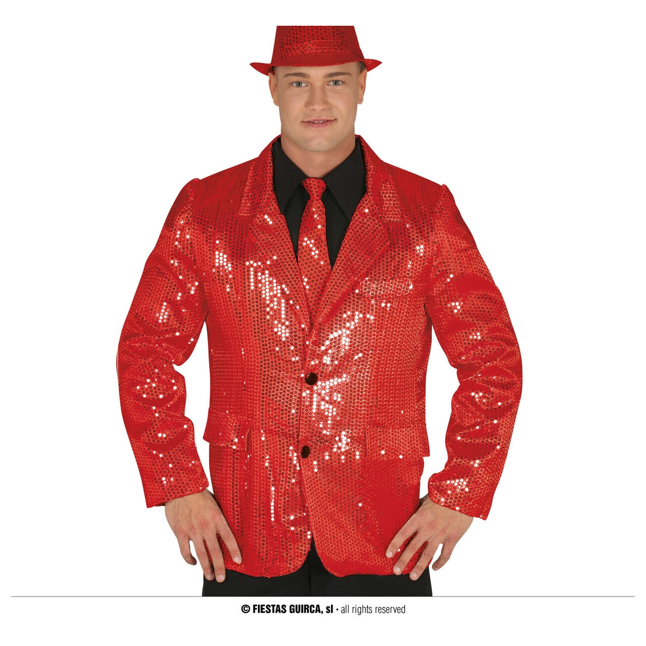 Op deze afbeelding zie je een Kostuums, van het merk Guirca. Quizmaster Gerard Glitter Rood Man Kostuum