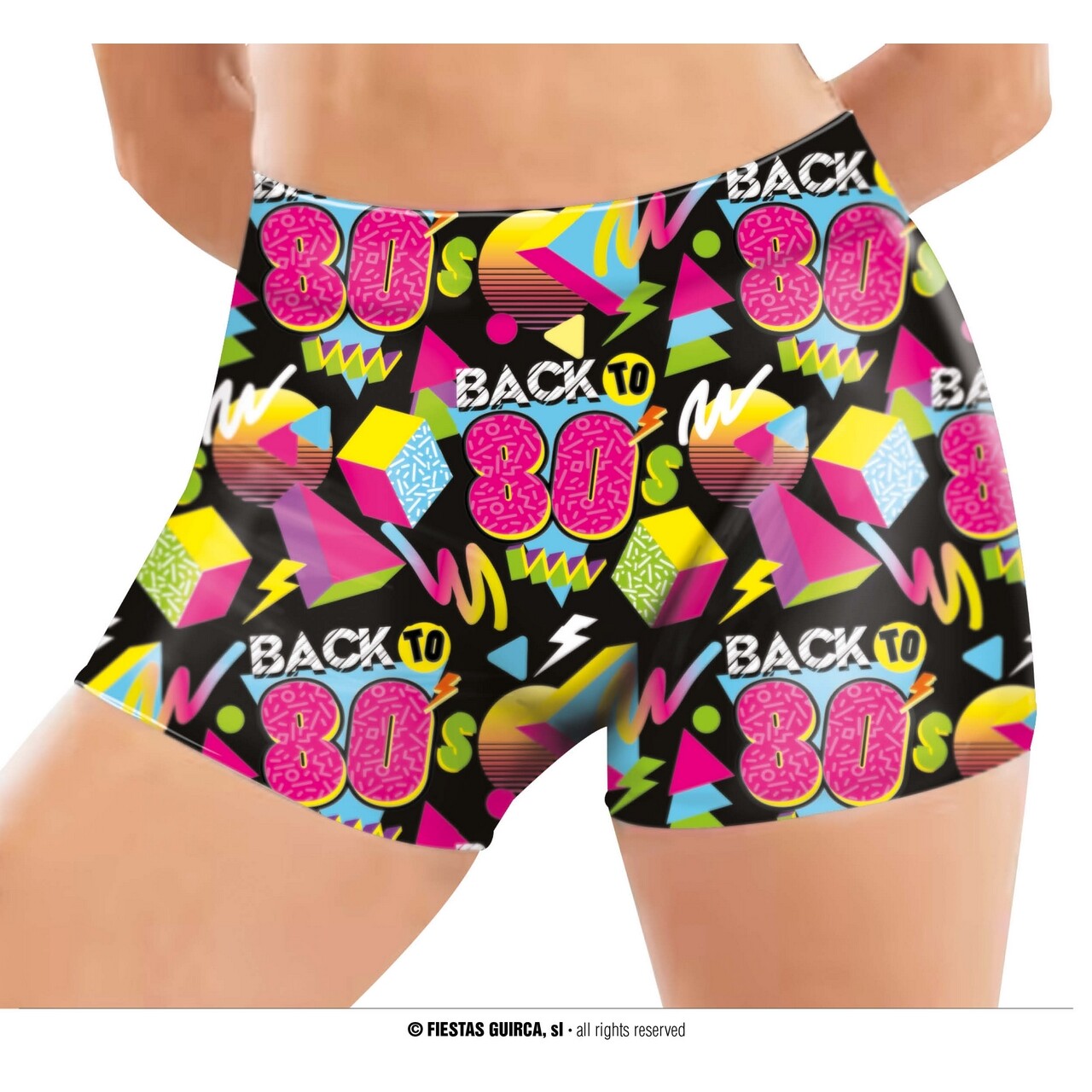 Op deze afbeelding zie je een Kostuums, van het merk Guirca. Stretch Hotpants 80s Fitgirl Man