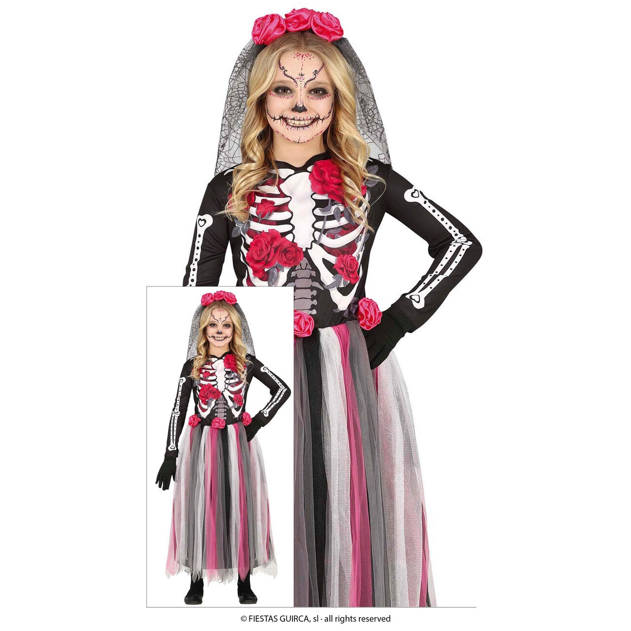 Op deze afbeelding zie je een Kostuums, van het merk Guirca. Rosemary Skelet Dance Meisje Kostuum