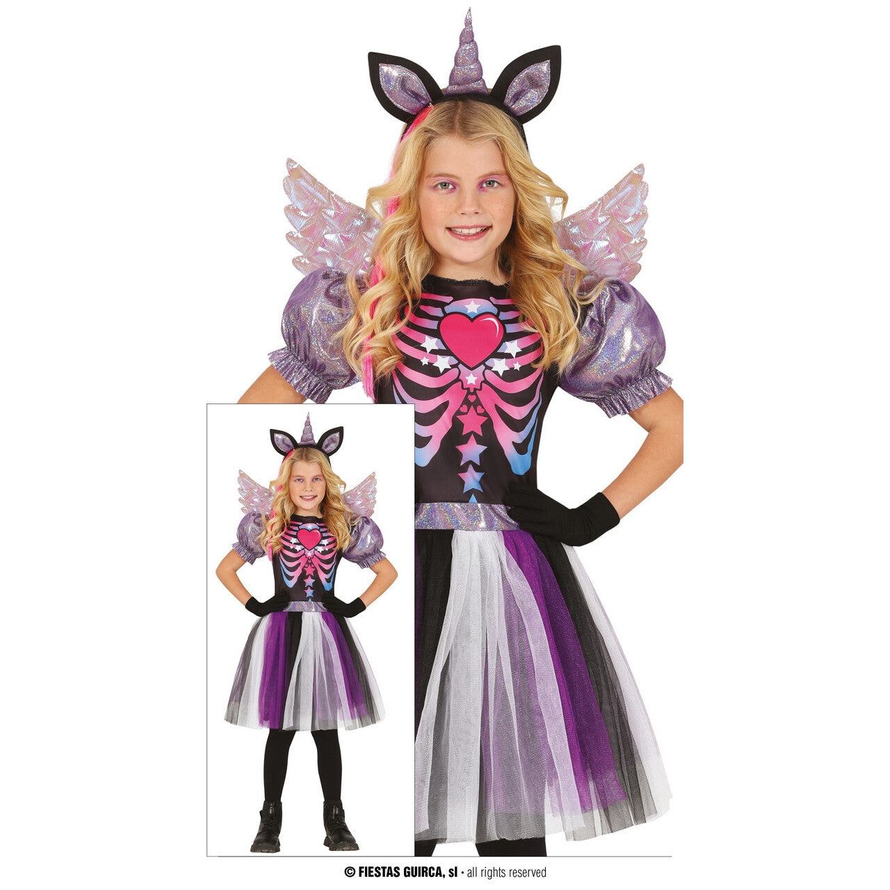 Op deze afbeelding zie je een Kostuums, van het merk Guirca. Dark Unicorn Darkhorse Meisje Kostuum