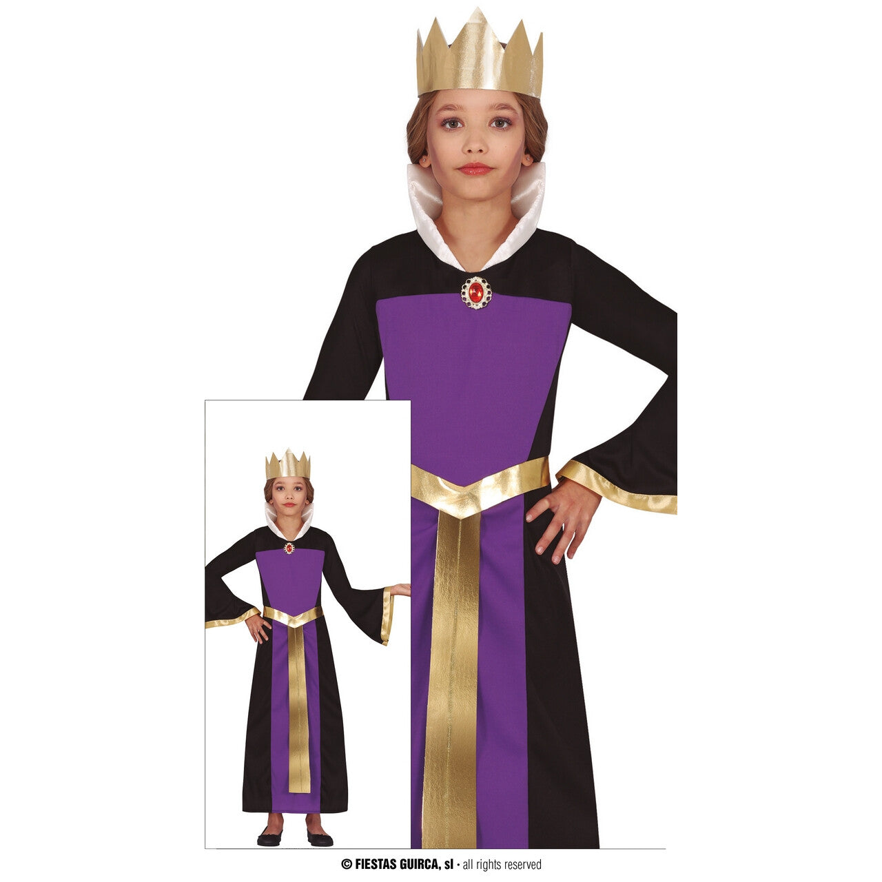 Op deze afbeelding zie je een Kostuums, van het merk Guirca. Paarse Sprookjes Koningin Meisje Kostuum