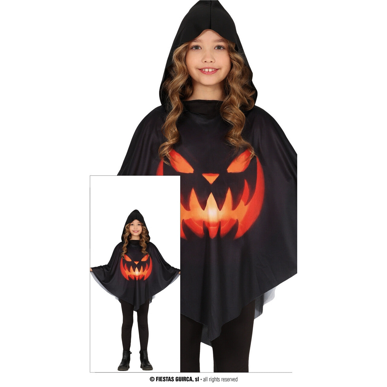 Op deze afbeelding zie je een Kostuums, van het merk Guirca. Dreigende Pompoen Poncho Kind Kostuum