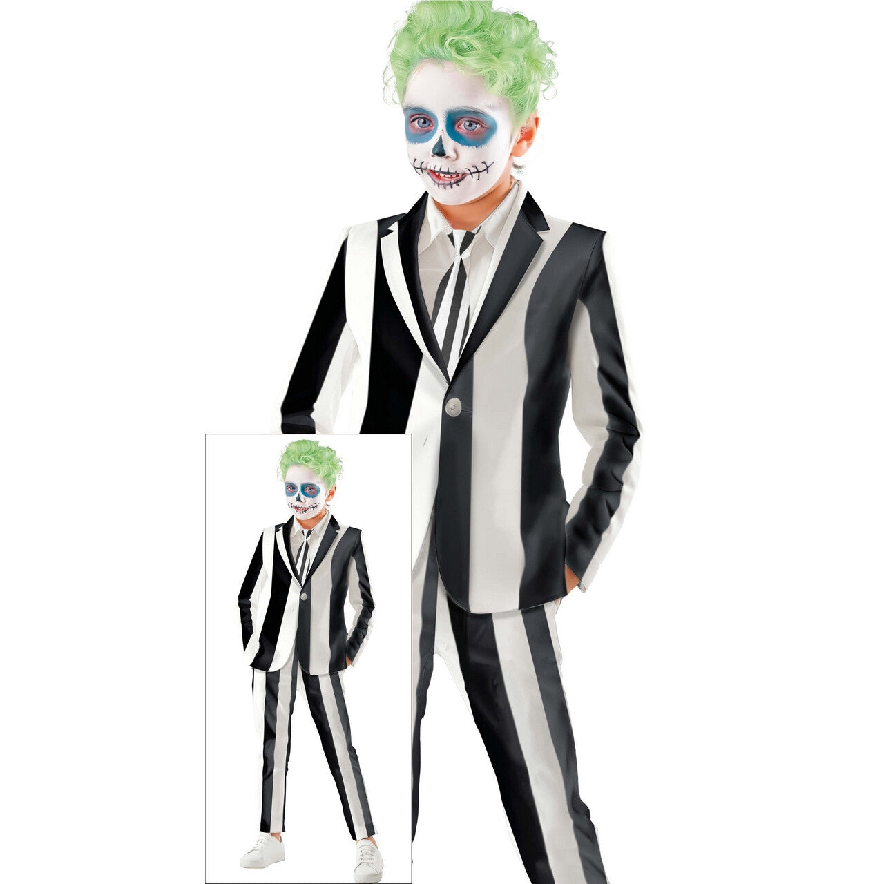 Op deze afbeelding zie je een Kostuums, van het merk Guirca. Zwart Wit Gestreepte Juicy Gangster Jongen Kostuum