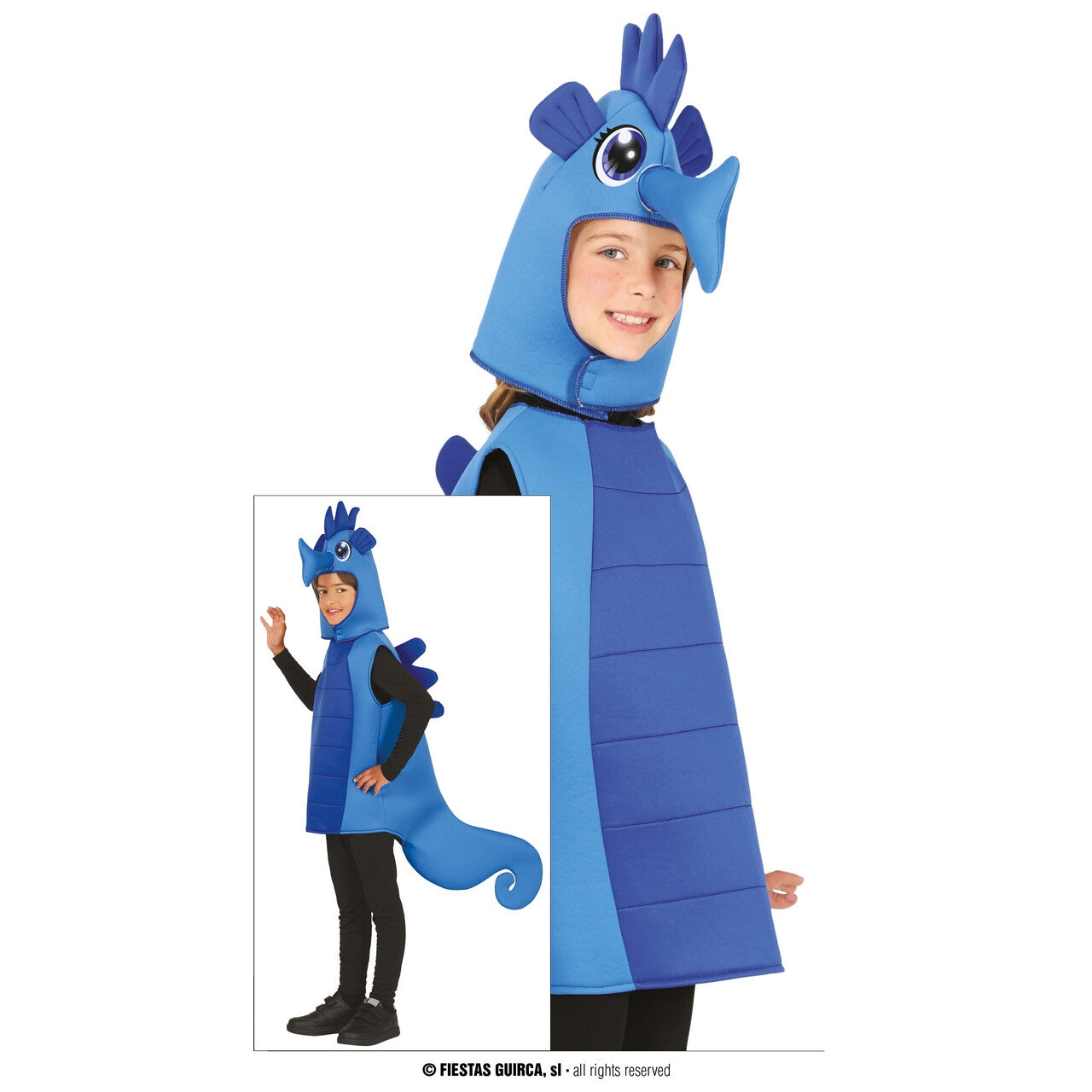 Op deze afbeelding zie je een Kostuums, van het merk Guirca. Blauw Zeepaardje Bluehorse Kind Kostuum