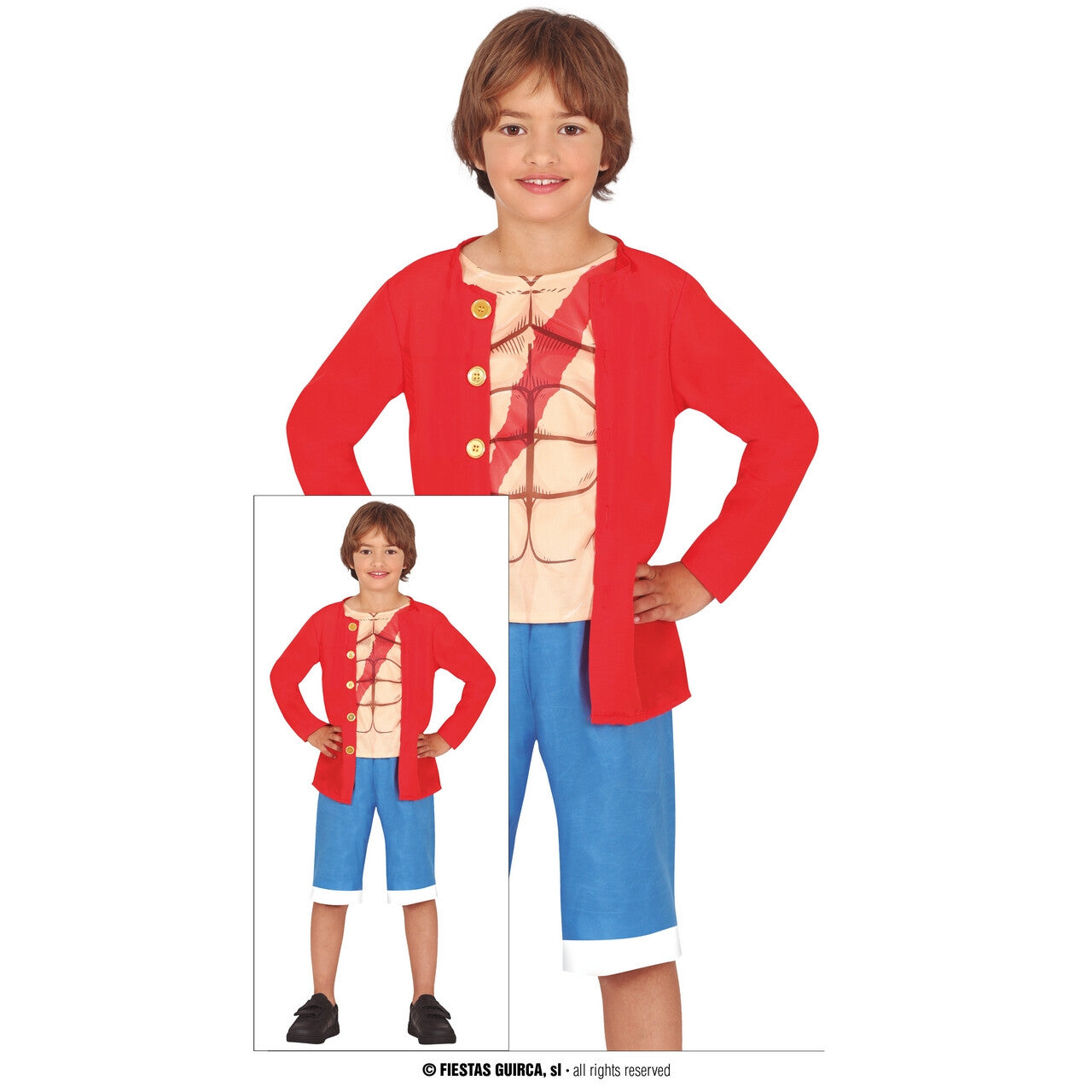 Op deze afbeelding zie je een Kostuums, van het merk Guirca. Zee Avonturier Luffy Kind Kostuum