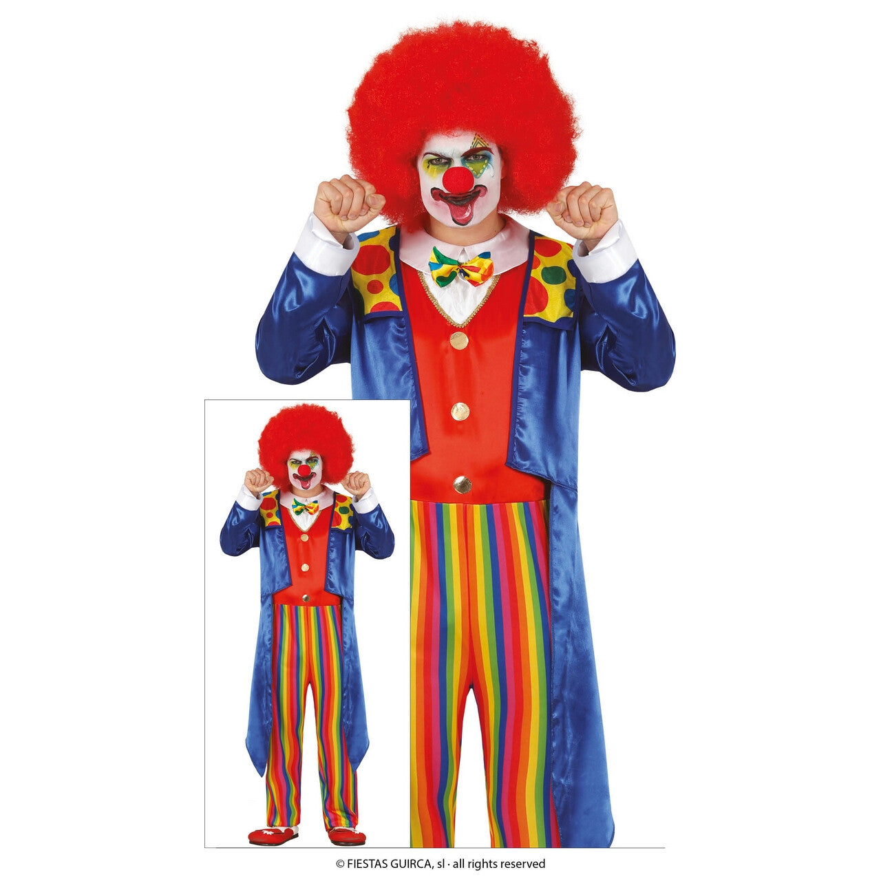 Op deze afbeelding zie je een Kostuums, van het merk Guirca. Klassieke Grappende Kleuren Clown Man Kostuum