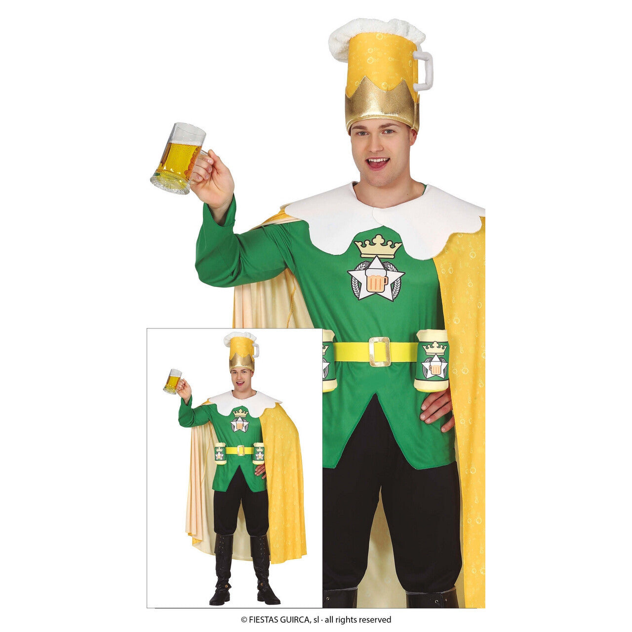 Op deze afbeelding zie je een Kostuums, van het merk Guirca. Bier Koning Gele Rakker Man Kostuum