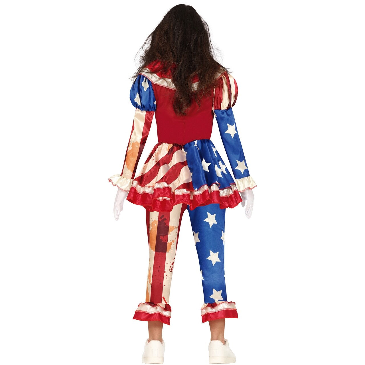 Op deze afbeelding zie je een Kostuums, van het merk Guirca. Bloody USA Clown Lol Vrouw Kostuum