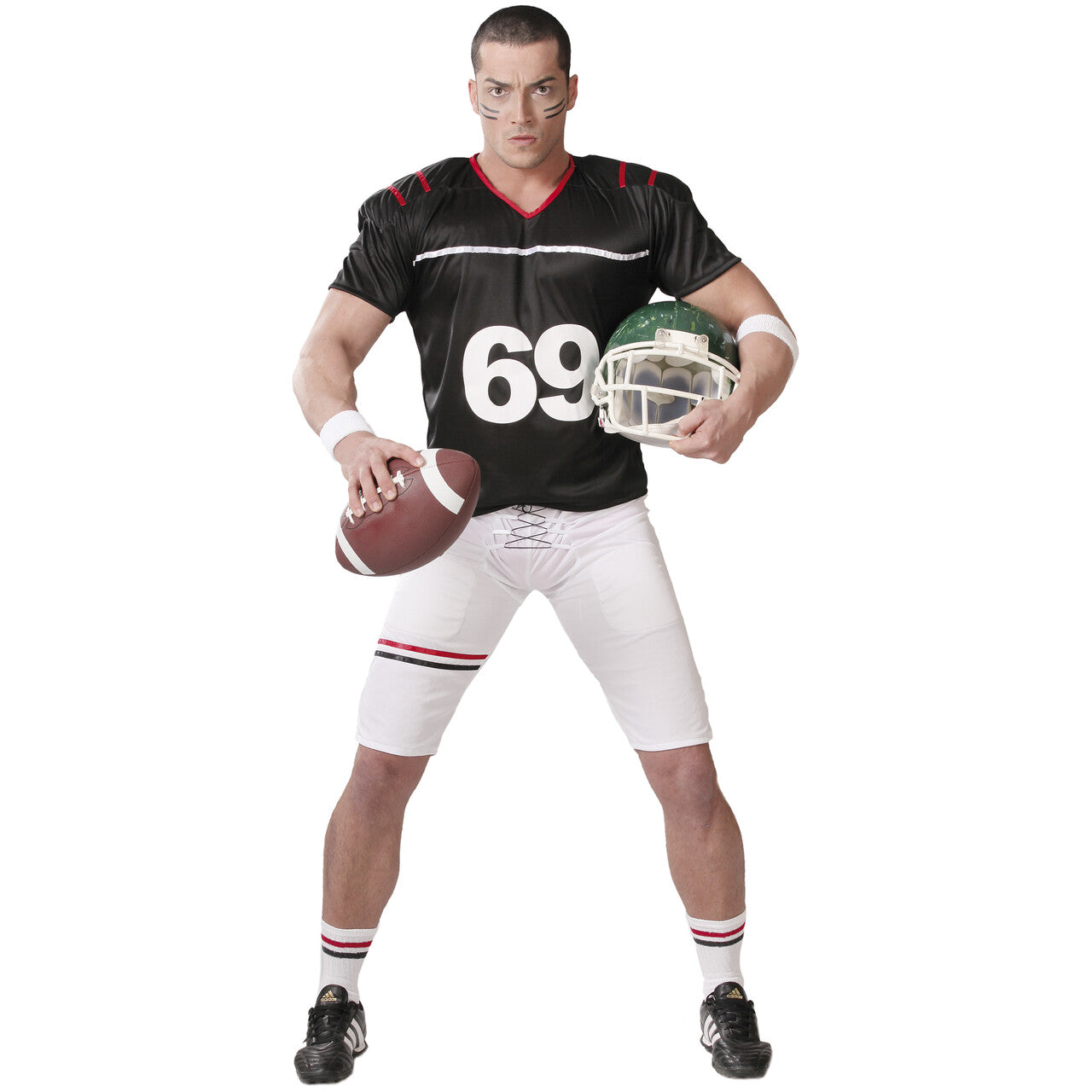Op deze afbeelding zie je een Kostuums, van het merk Guirca. Quarterback Rugby Speler Nummer 69 Man Kostuum