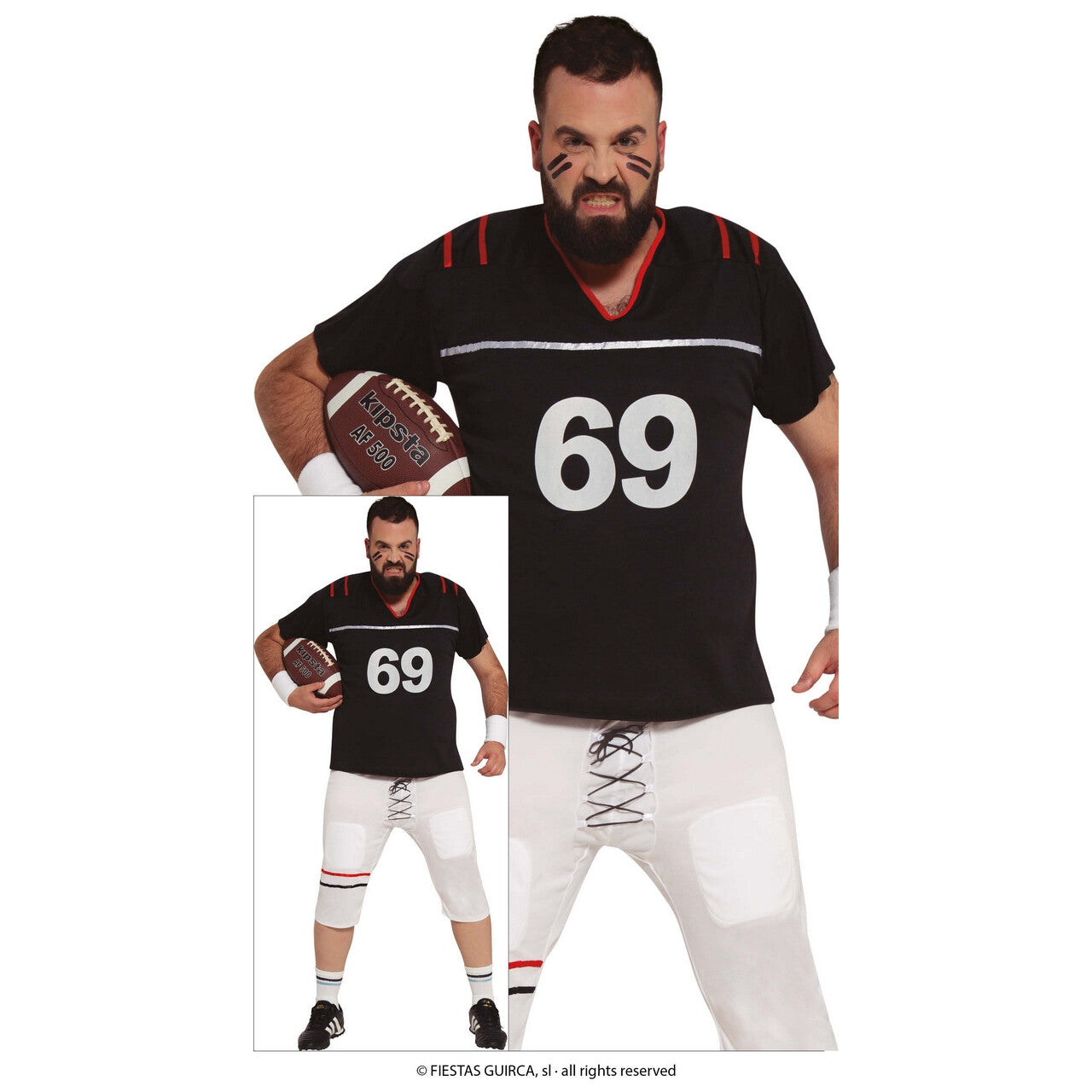 Op deze afbeelding zie je een Kostuums, van het merk Guirca. Quarterback Rugby Speler Nummer 69 Man Kostuum