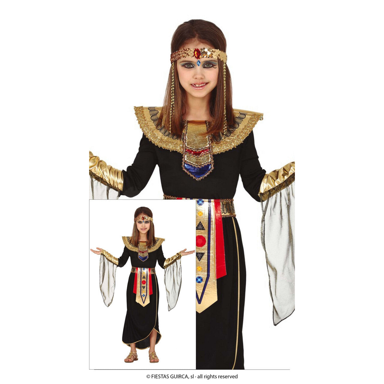 Op deze afbeelding zie je een Kostuums, van het merk Guirca. Egyptische Koningin Goudrijk Meisje Kostuum