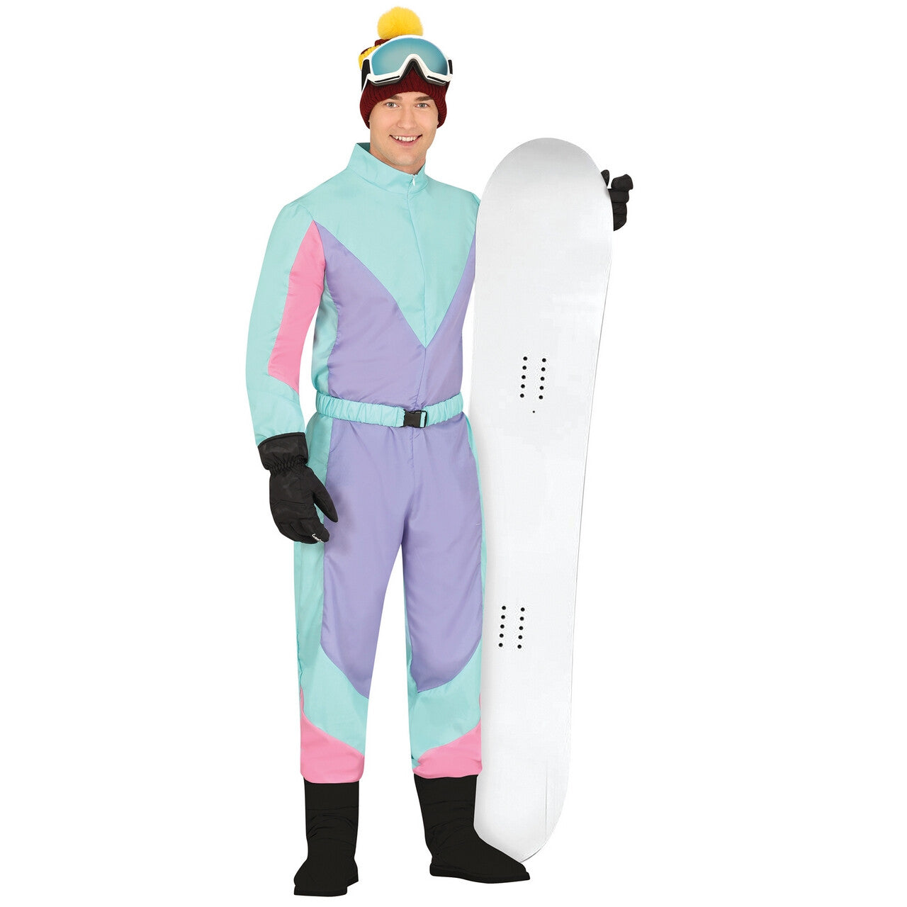Op deze afbeelding zie je een Kostuums, van het merk Guirca. Skipak Jaren 80 Paars / Mint Man Kostuum