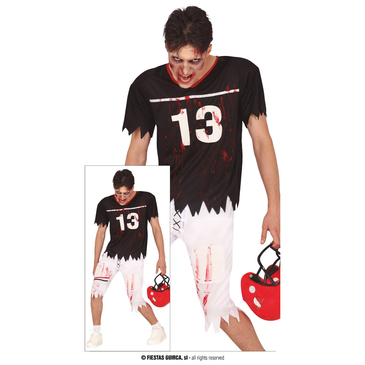 Op deze afbeelding zie je een Kostuums, van het merk Guirca. Zombie Football Speler Nummer 13 Man Kostuum