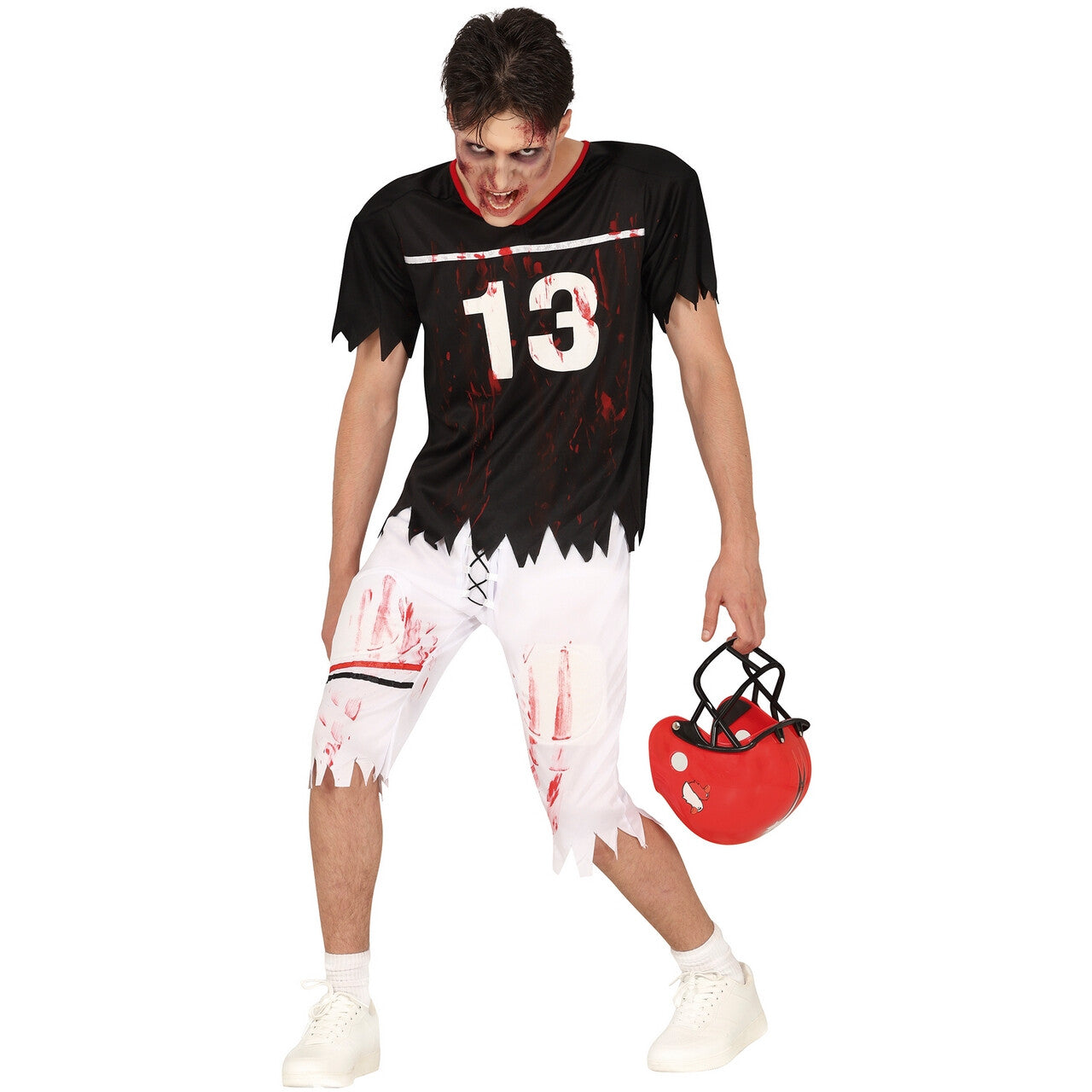 Op deze afbeelding zie je een Kostuums, van het merk Guirca. Zombie Football Speler Nummer 13 Man Kostuum