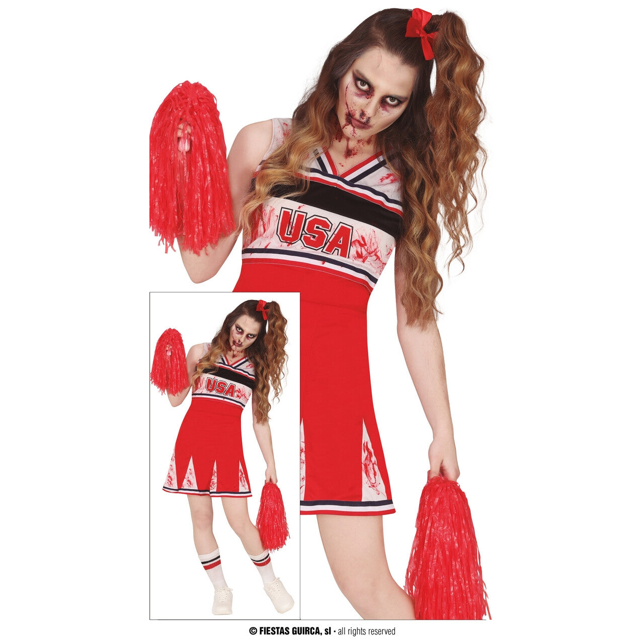 Op deze afbeelding zie je een Kostuums, van het merk Guirca. USA Cheerleader Play Or Die Vrouw Kostuum