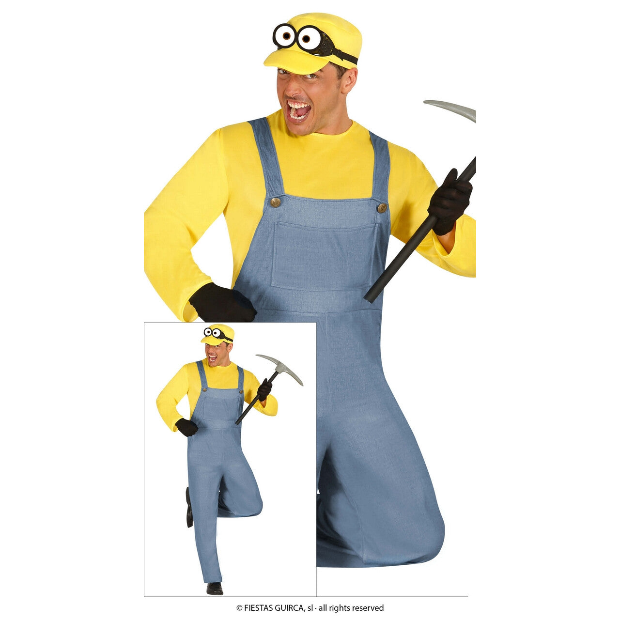 Op deze afbeelding zie je een Kostuums, van het merk Guirca. Gele Grappige Mijnwerker Man Kostuum