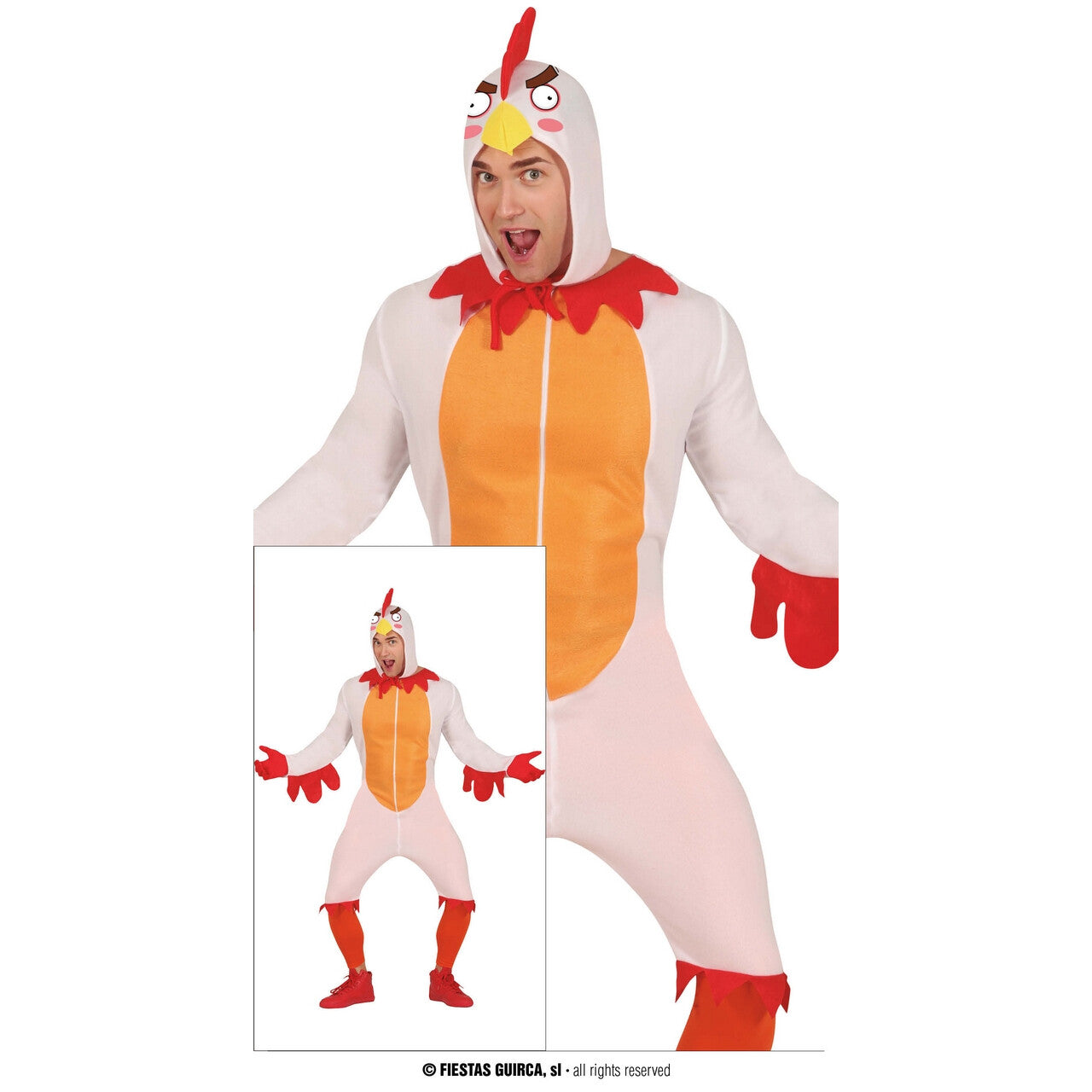 Op deze afbeelding zie je een Kostuums, van het merk Guirca. Kakelende Kip Man Kostuum