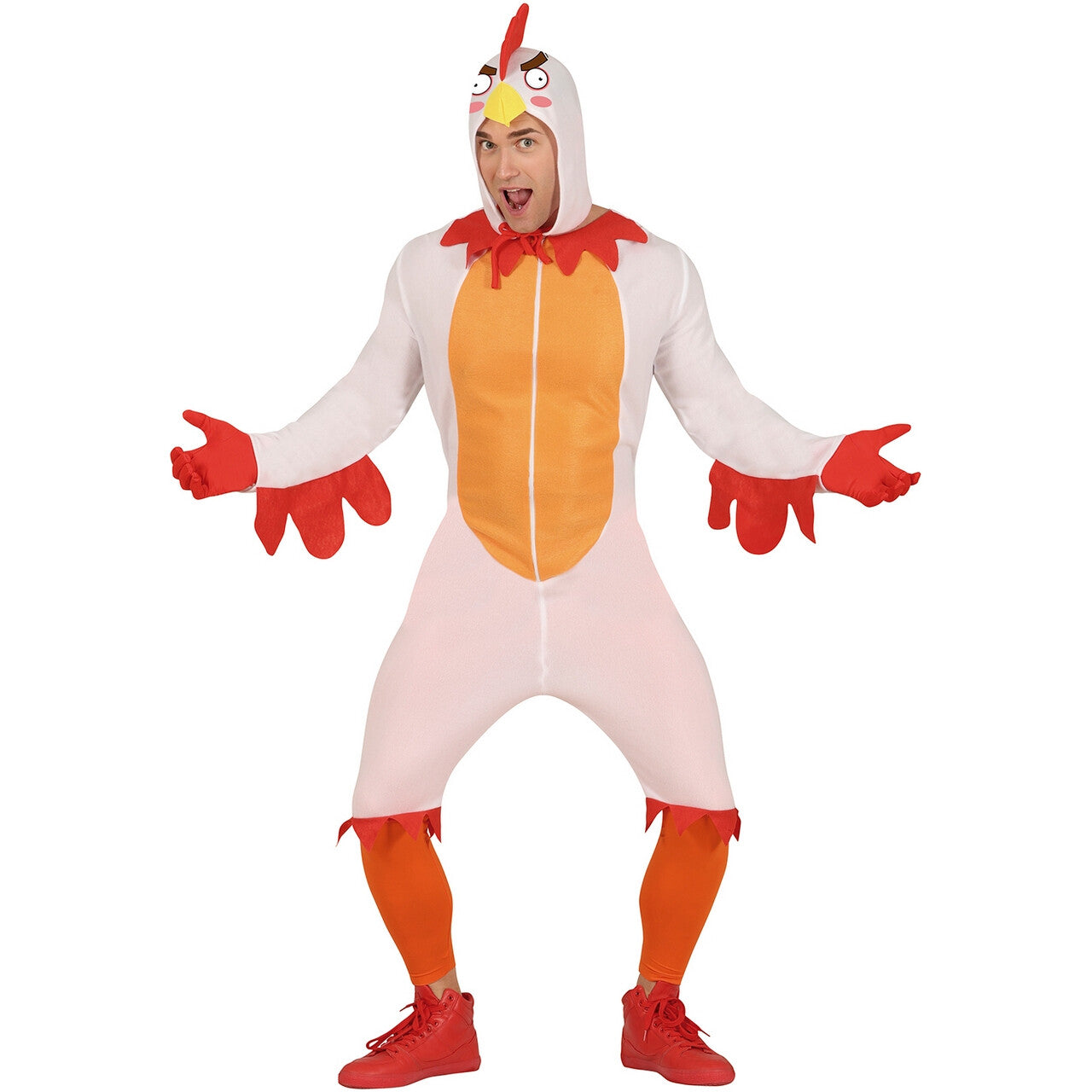 Op deze afbeelding zie je een Kostuums, van het merk Guirca. Kakelende Kip Man Kostuum
