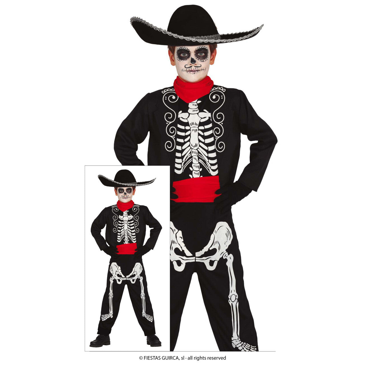 Op deze afbeelding zie je een Kostuums, van het merk Guirca. Mexicaanse Mariachi Skelet Jongen Kostuum