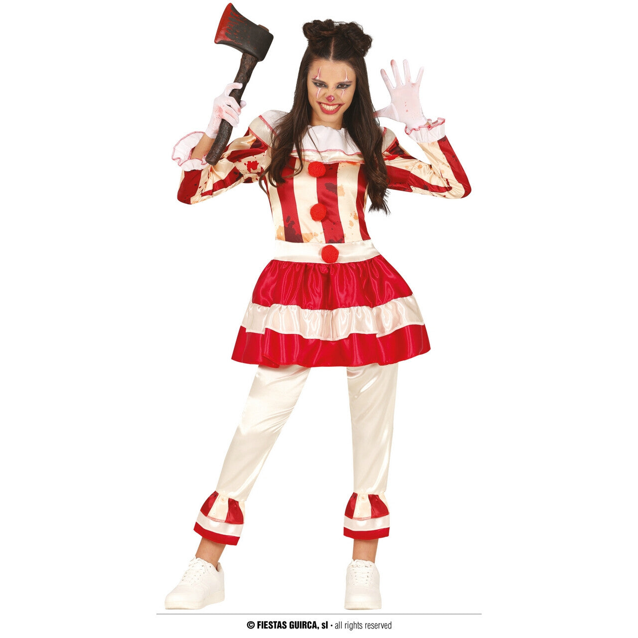 Op deze afbeelding zie je een Kostuums, van het merk Guirca. Gestreepte Lady Killer Clown Vrouw Kostuum
