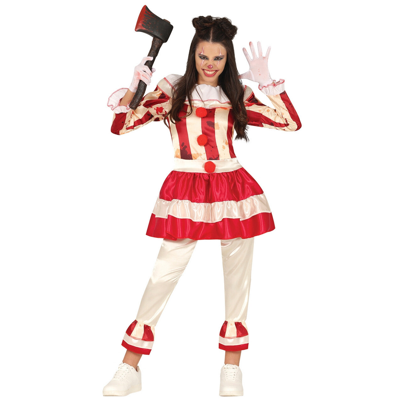 Op deze afbeelding zie je een Kostuums, van het merk Guirca. Gestreepte Lady Killer Clown Vrouw Kostuum