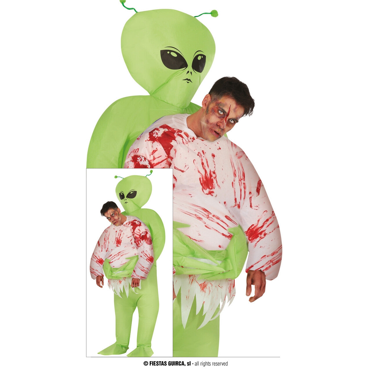 Op deze afbeelding zie je een Kostuums, van het merk Guirca. Green Alien Attack Man Kostuum