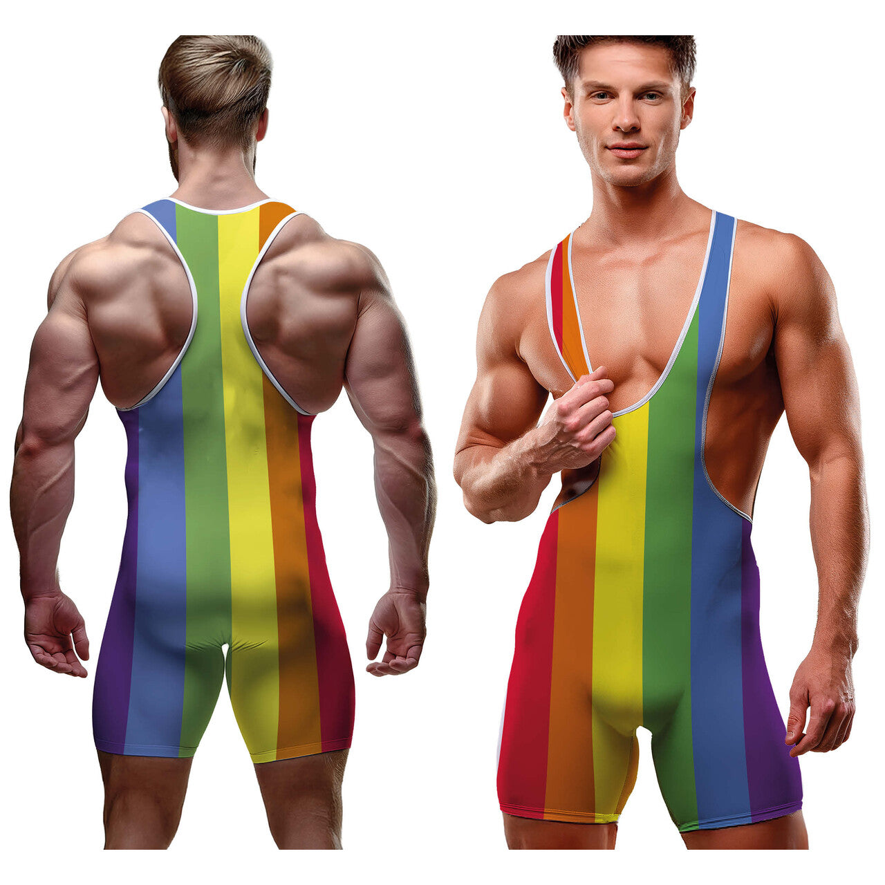 Op deze afbeelding zie je een Kostuums, van het merk Guirca. Rainbow Robbie Jumpsuit Man Kostuum