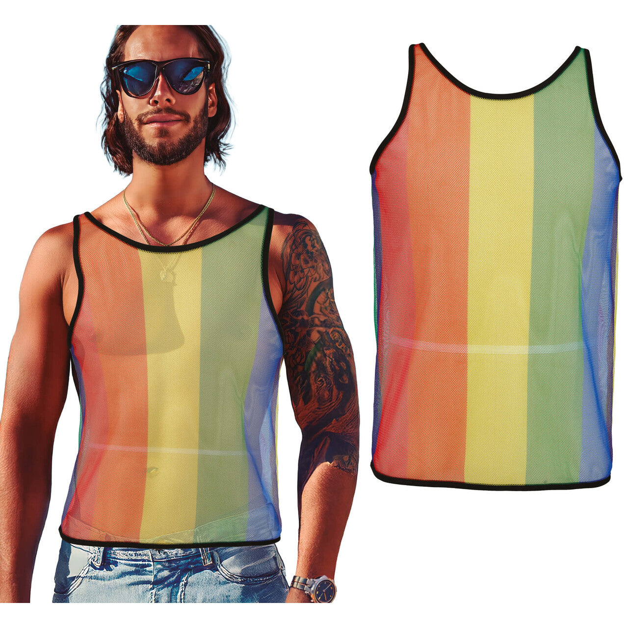 Op deze afbeelding zie je een Kostuums, van het merk Guirca. Ronny Rainbow Mesh Top Man