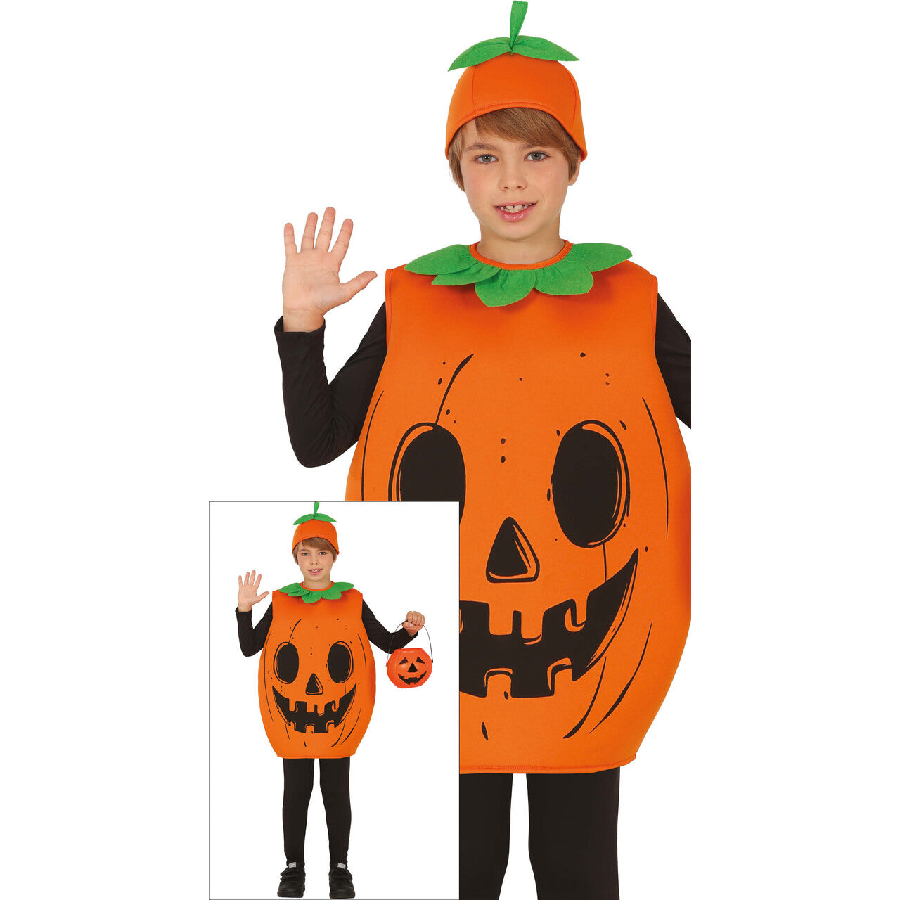 Op deze afbeelding zie je een Kostuums, van het merk Guirca. Spooky Pompoen Snoepjager Kind