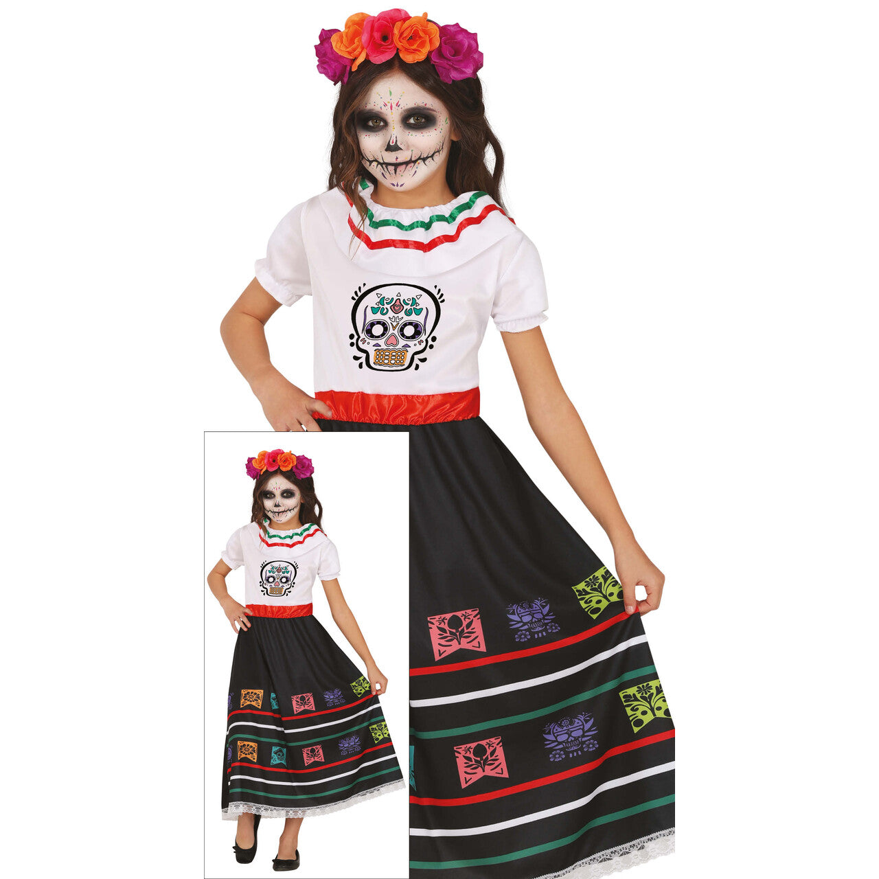 Op deze afbeelding zie je een Kostuums, van het merk Guirca. Dia De Los Muertos Skull Jurk Meisje