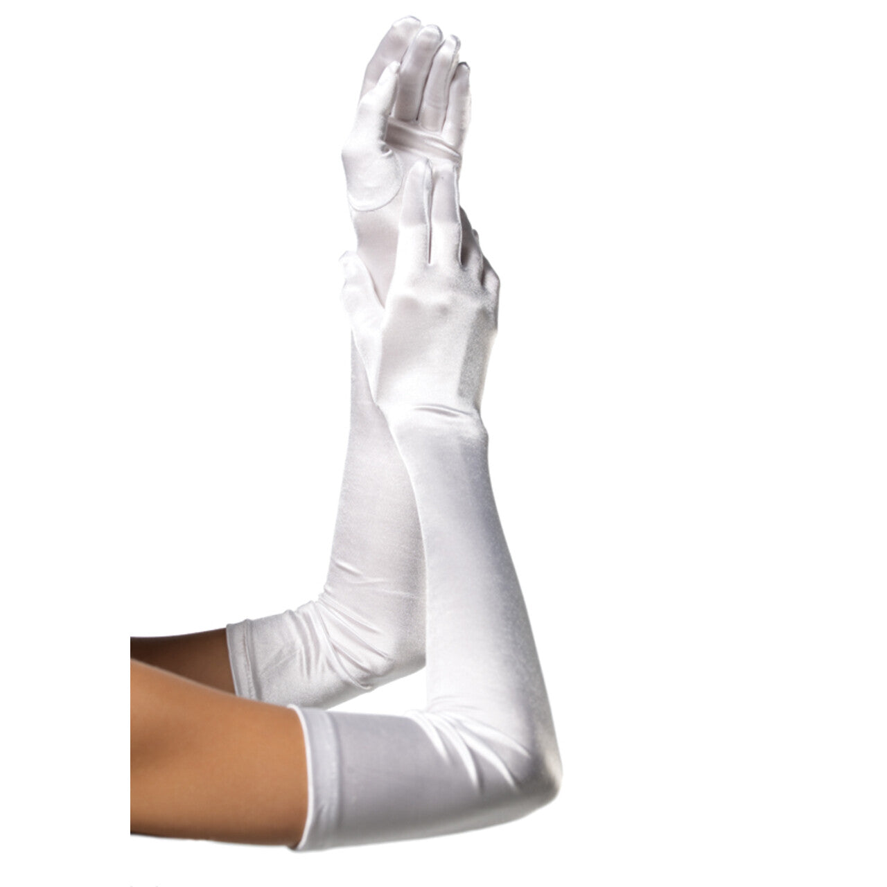 Op deze afbeelding zie je een Accessoires, van het merk Leg Avenue. Extra Lange Satijnen Handschoenen Wit