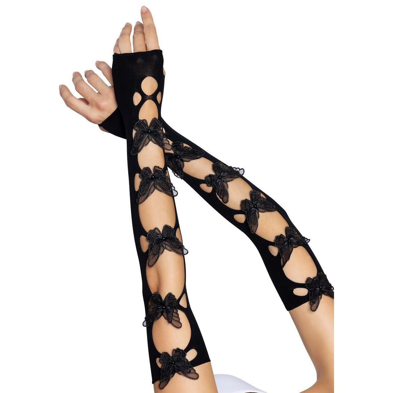 Op deze afbeelding zie je een Accessoires, van het merk Leg Avenue. Lange Armwarmers Sweet Butterfly Zwart