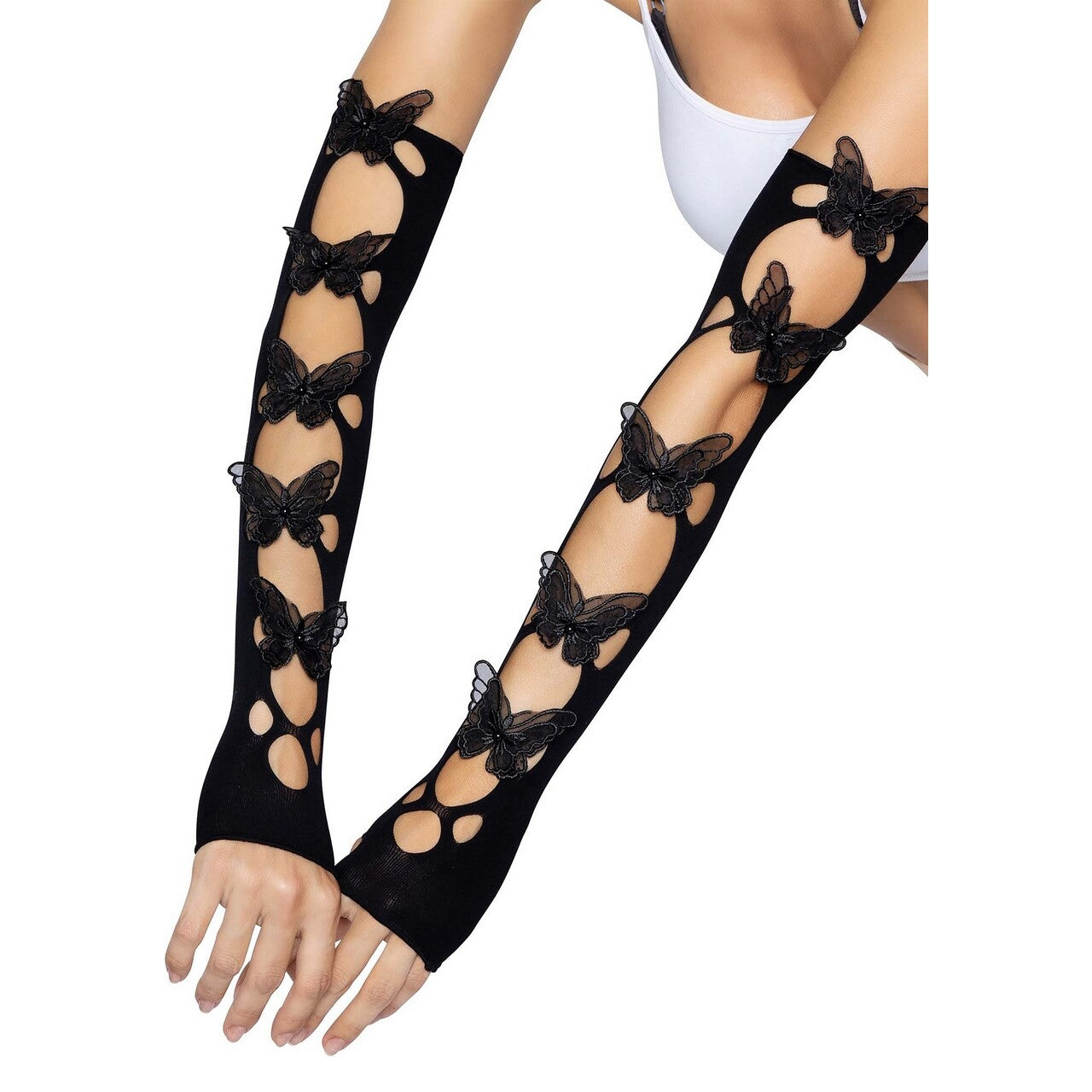 Op deze afbeelding zie je een Accessoires, van het merk Leg Avenue. Lange Armwarmers Sweet Butterfly Zwart