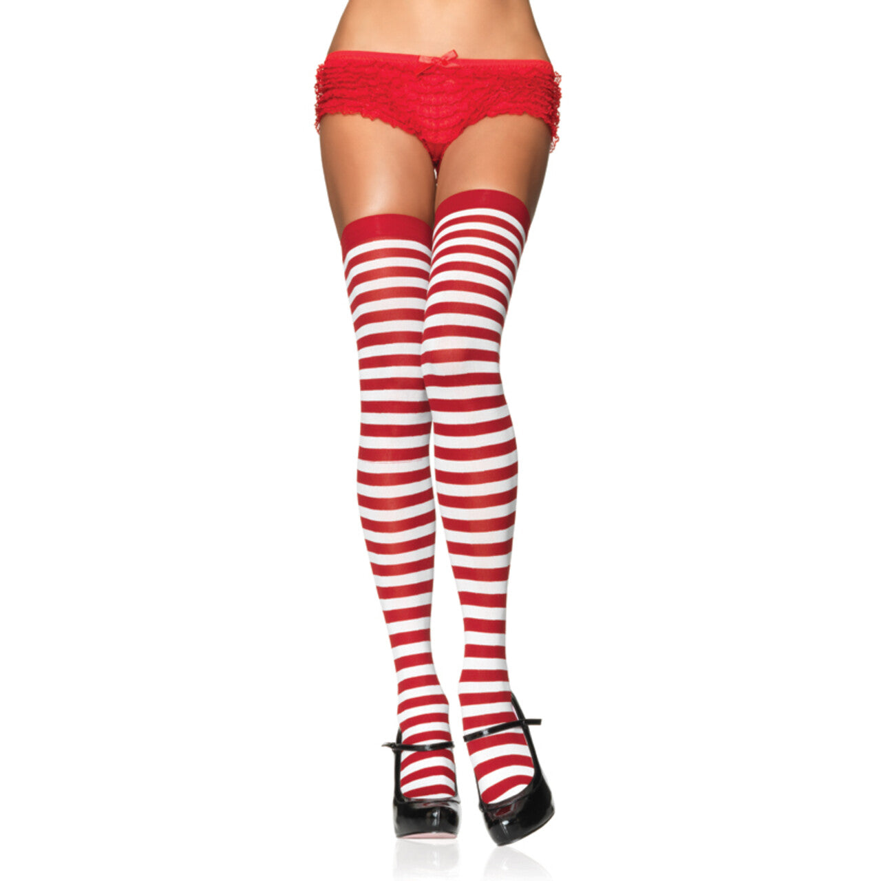 Op deze afbeelding zie je een Accessoires, van het merk Leg Avenue. Gestreepte Kousen Rood-Wit