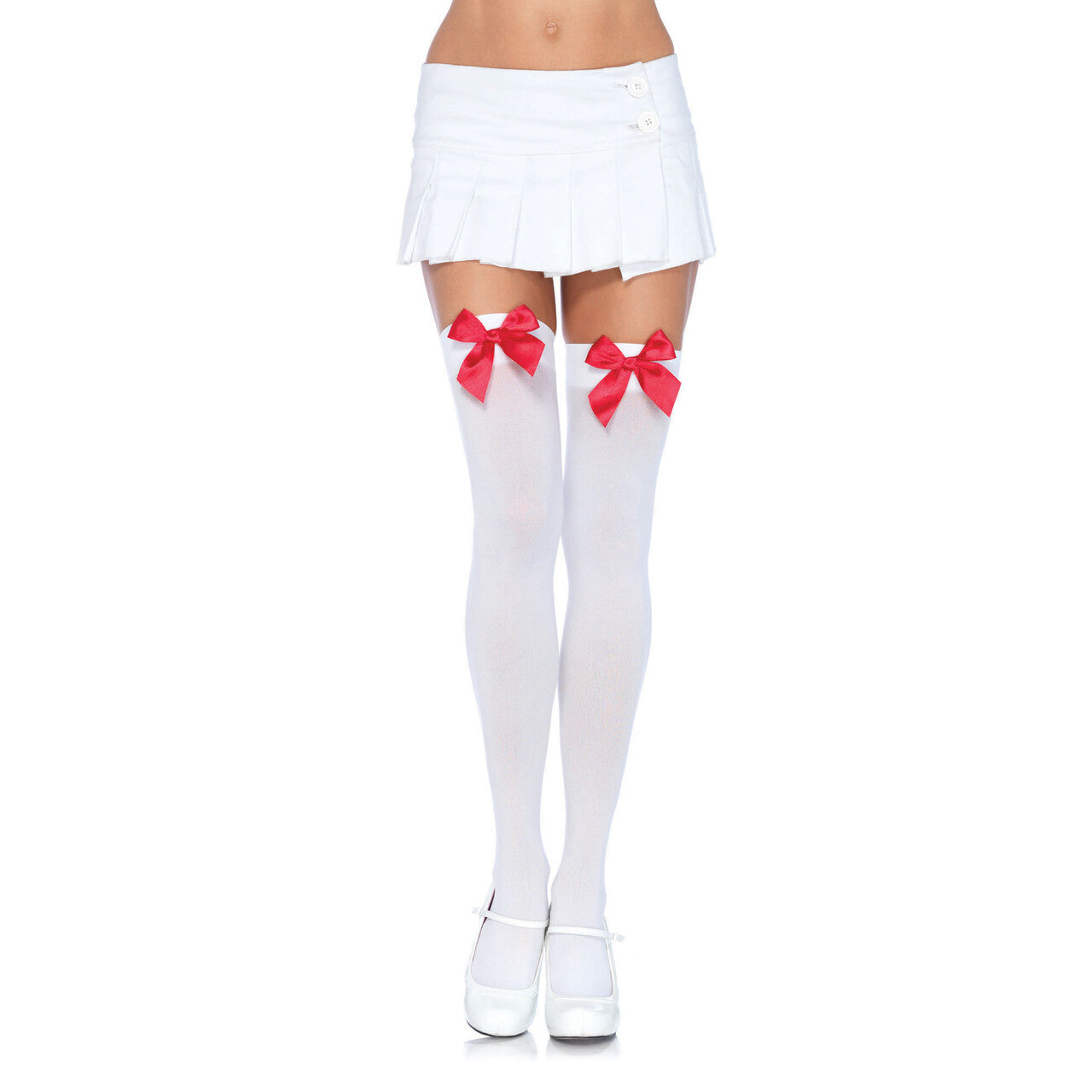 Op deze afbeelding zie je een Accessoires, van het merk Leg Avenue. Witte Nylon Kniekousen Met Rode Strik