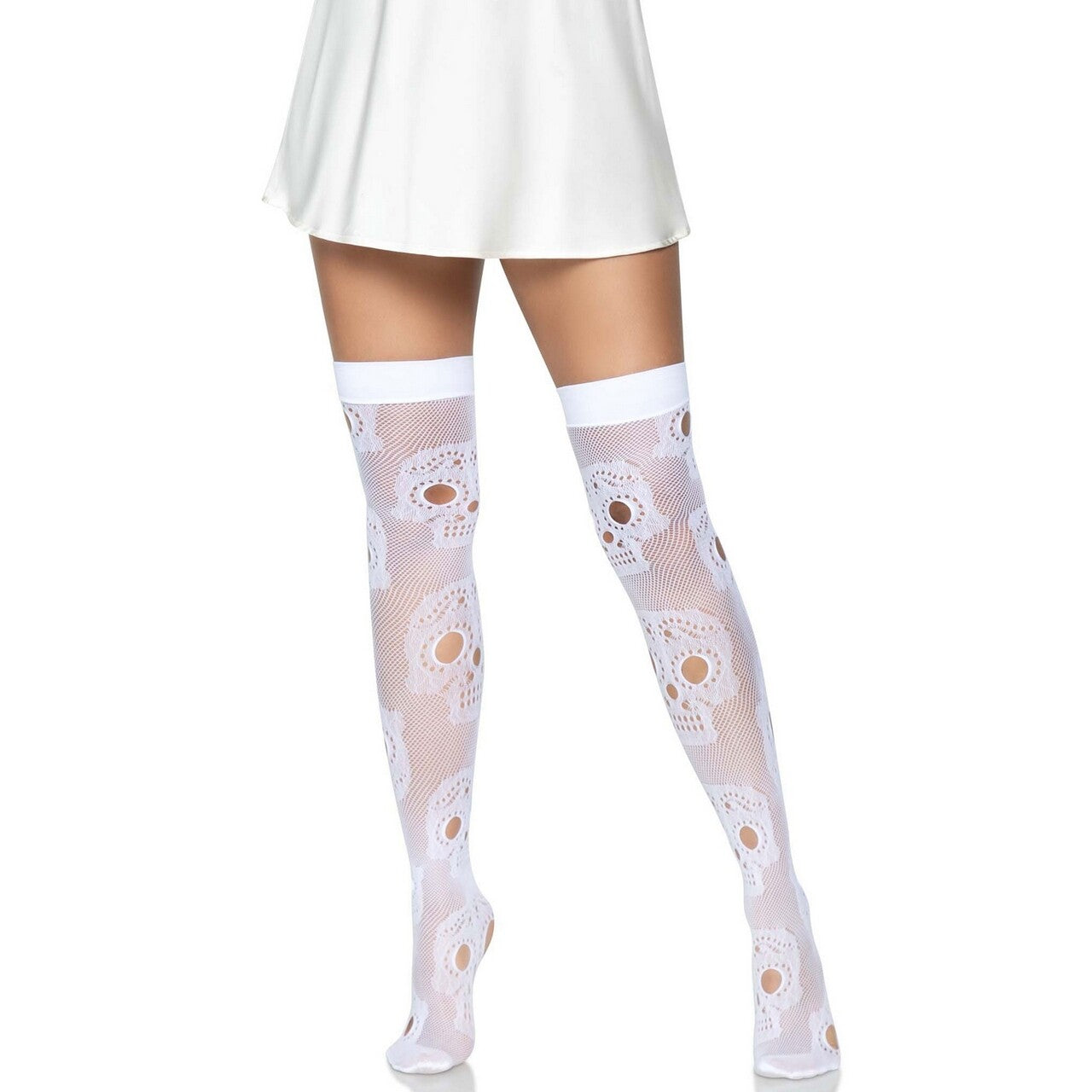 Op deze afbeelding zie je een Accessoires, van het merk Leg Avenue. Witte Doodshoofden Stay Ups Kousen