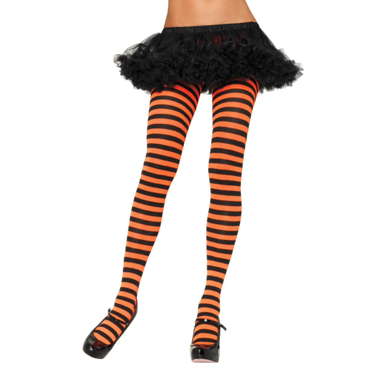 Op deze afbeelding zie je een Accessoires, van het merk Leg Avenue. Nylon Gestreepte Panty Oranje-Zwart