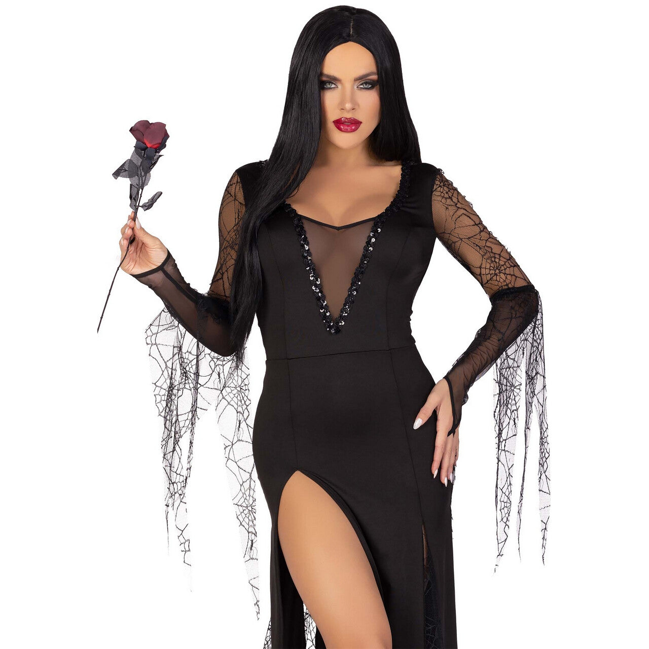 Op deze afbeelding zie je een Kostuums, van het merk Leg Avenue. Morticia Adams Sexy Spiderlady Vrouw Kostuum