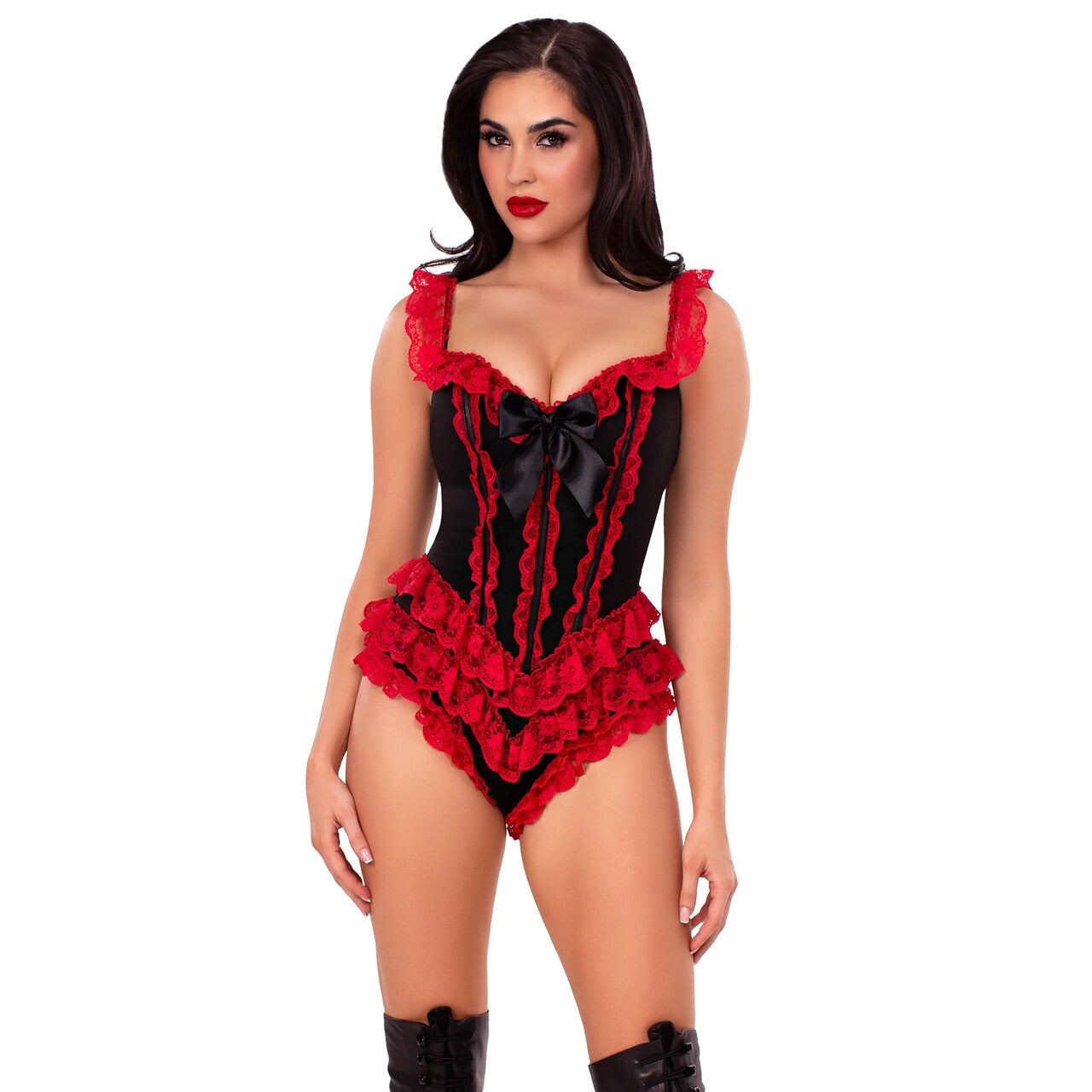 Op deze afbeelding zie je een Kostuums, van het merk Leg Avenue. Boned Ruffle Bodysuit With Bow Accent Vrouw Kostuum
