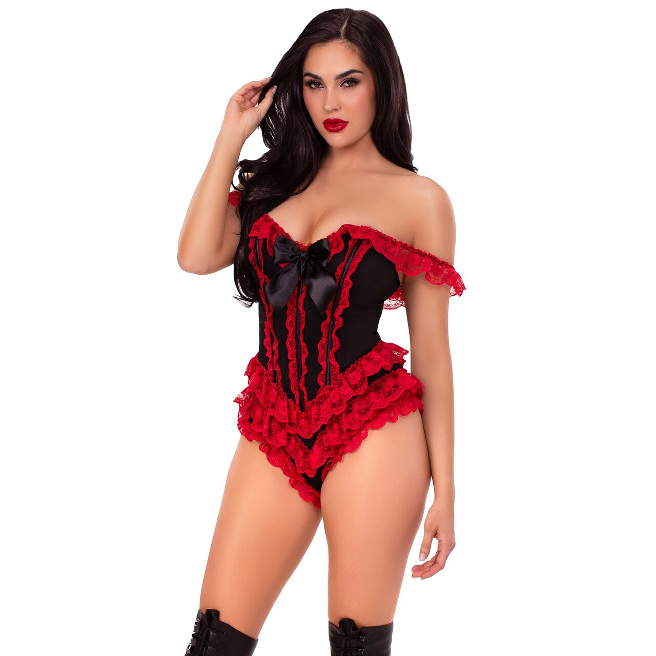 Op deze afbeelding zie je een Kostuums, van het merk Leg Avenue. Boned Ruffle Bodysuit With Bow Accent Vrouw Kostuum