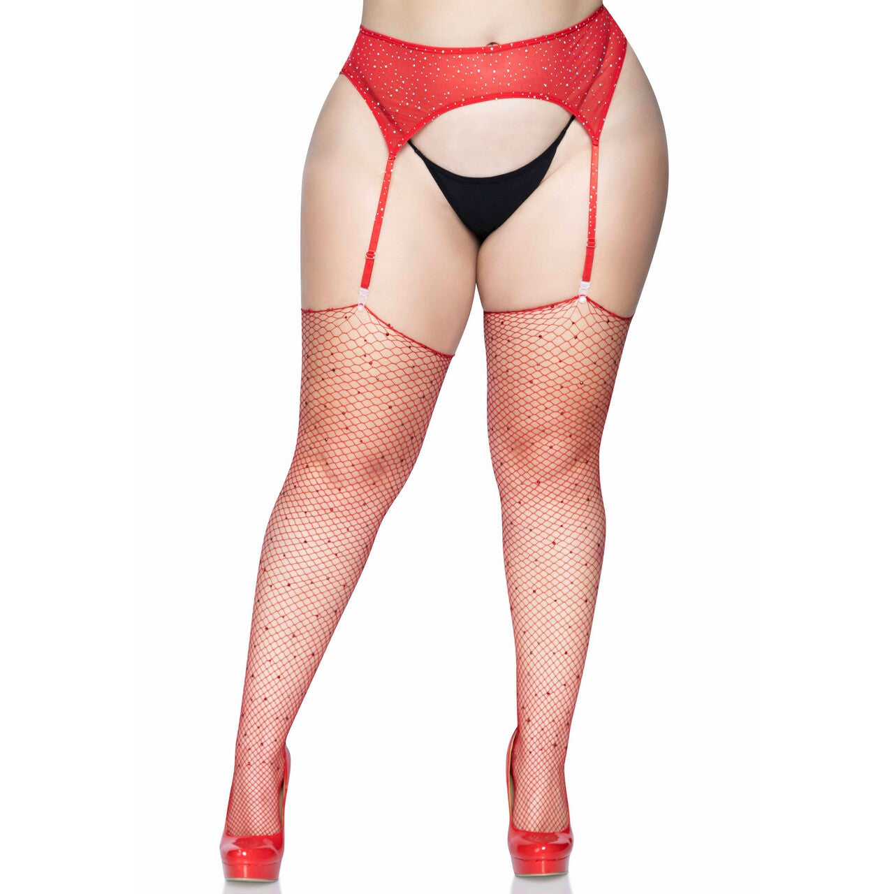 Op deze afbeelding zie je een Accessoires, van het merk Leg Avenue. Visnet Stockings Met Strass Rood Plus Size