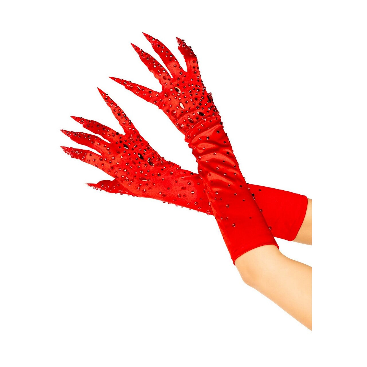 Op deze afbeelding zie je een Accessoires, van het merk Leg Avenue. Diva Duivel Handschoenen Met Steentjes Rood