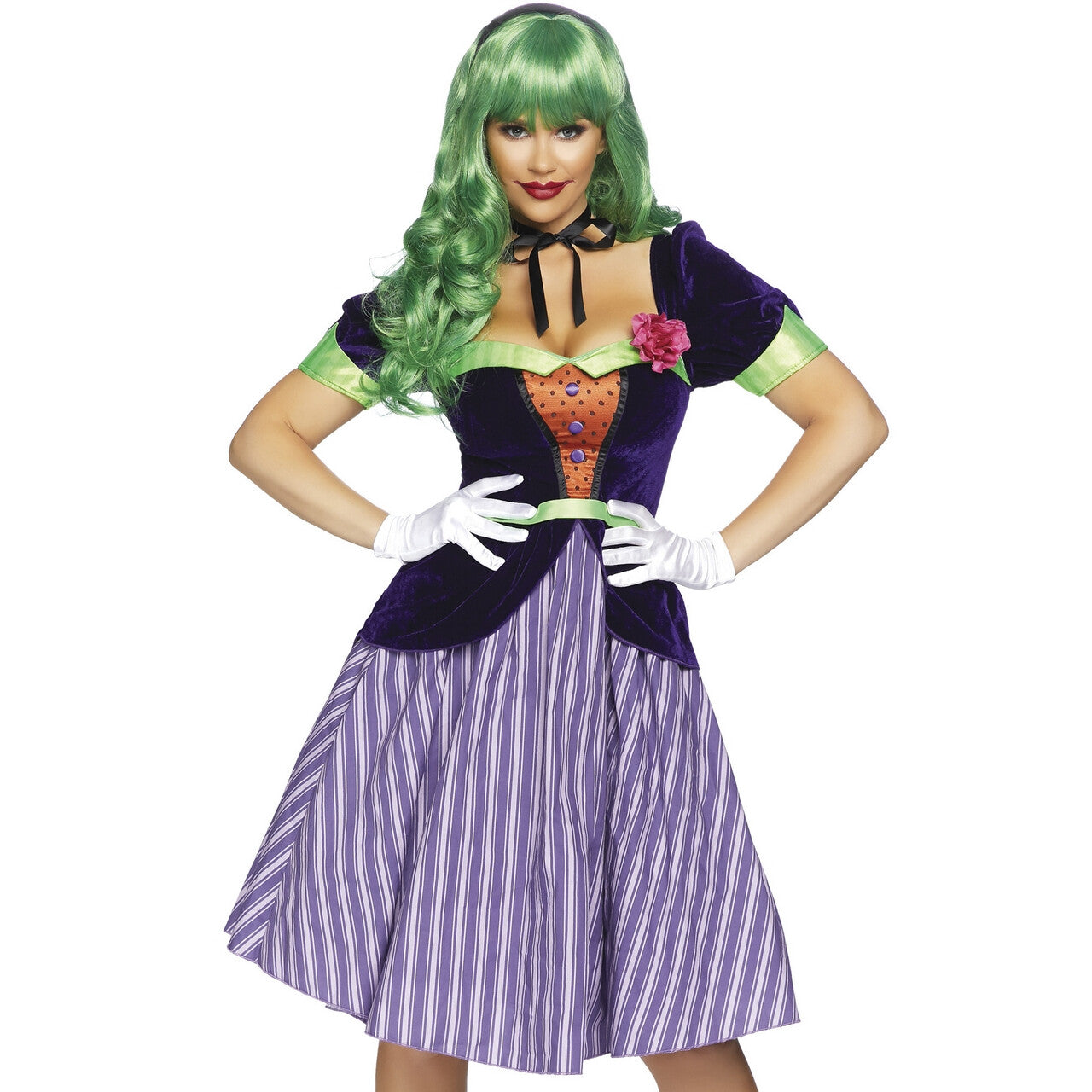 Op deze afbeelding zie je een Kostuums, van het merk Leg Avenue. Batman Strip The Joker Kreng Vrouw Kostuum