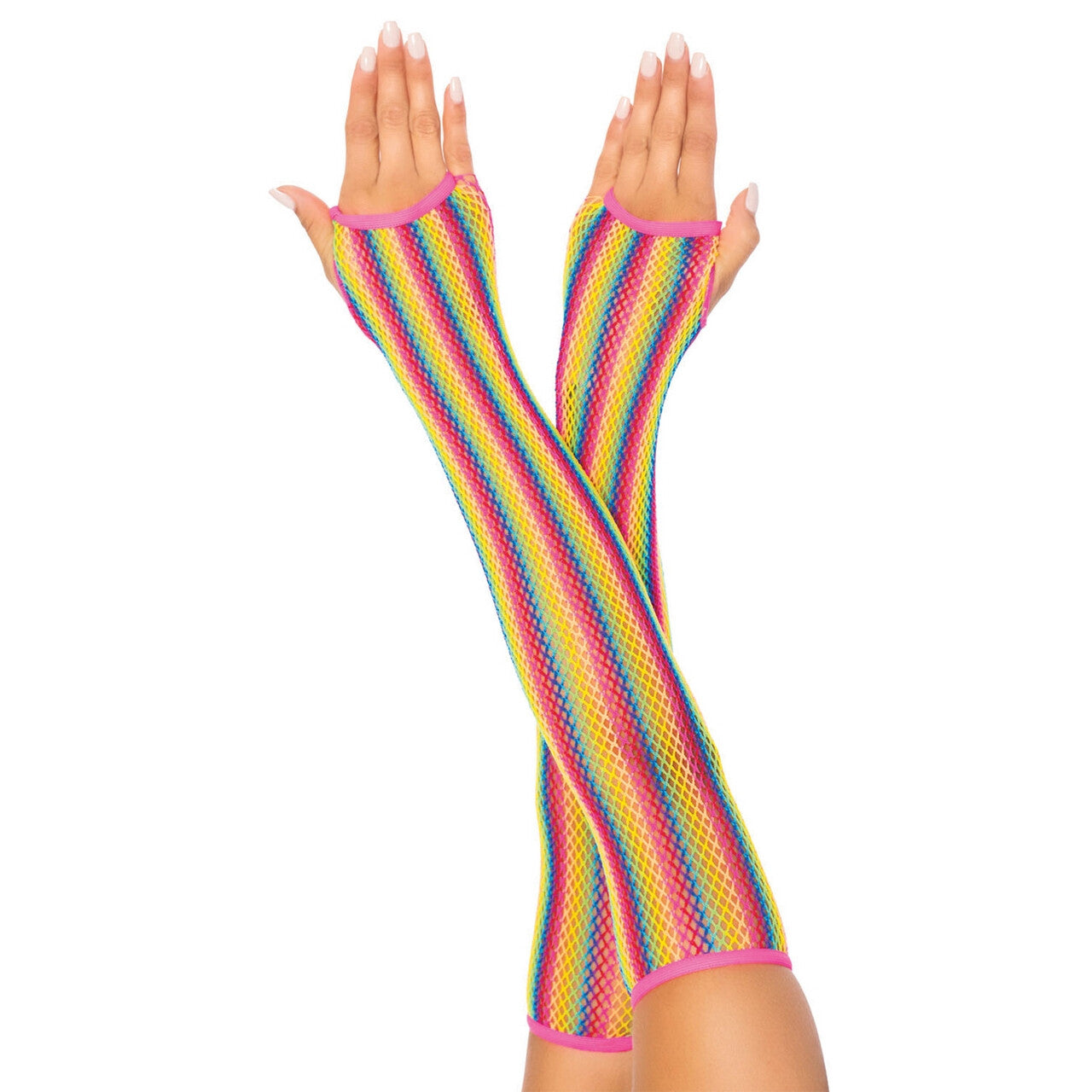 Op deze afbeelding zie je een Accessoires, van het merk Leg Avenue. Lange Regenboog Visnet Vingerloze Handschoen