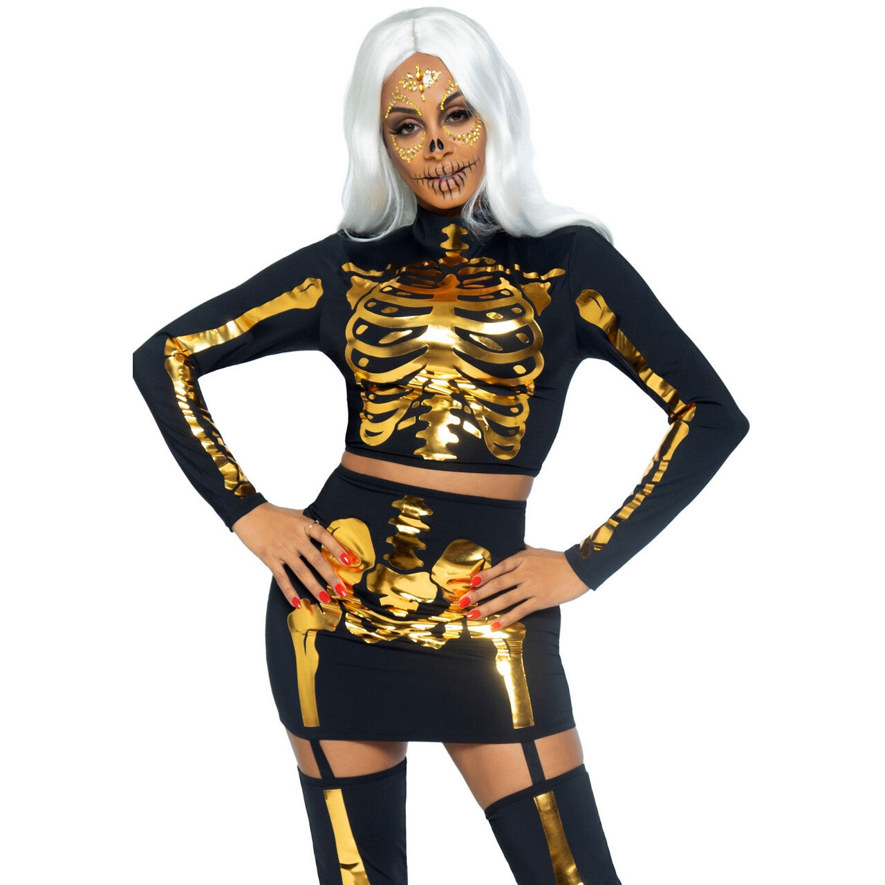 Op deze afbeelding zie je een Kostuums, van het merk Leg Avenue. Gouden Vip Skelet Vrouw Kostuum