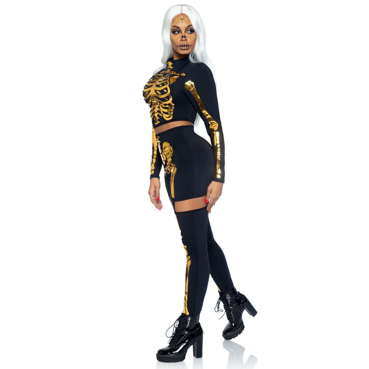 Op deze afbeelding zie je een Kostuums, van het merk Leg Avenue. Gouden Vip Skelet Vrouw Kostuum