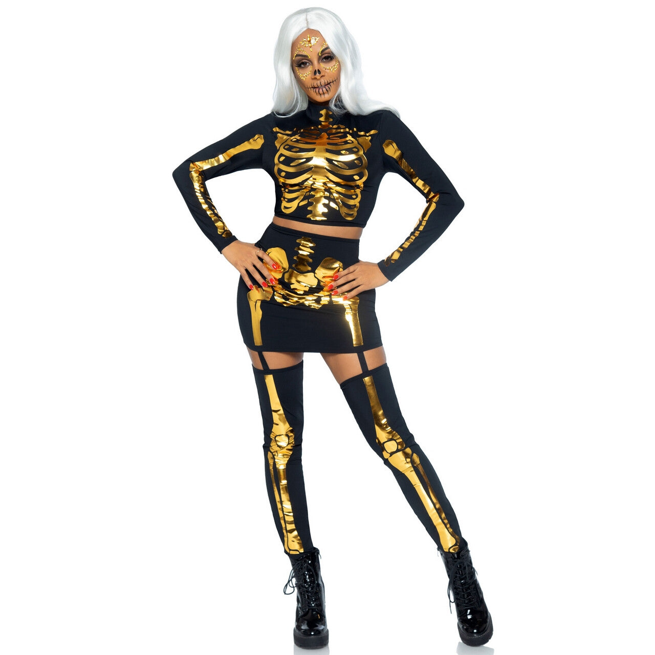 Op deze afbeelding zie je een Kostuums, van het merk Leg Avenue. Gouden Vip Skelet Vrouw Kostuum