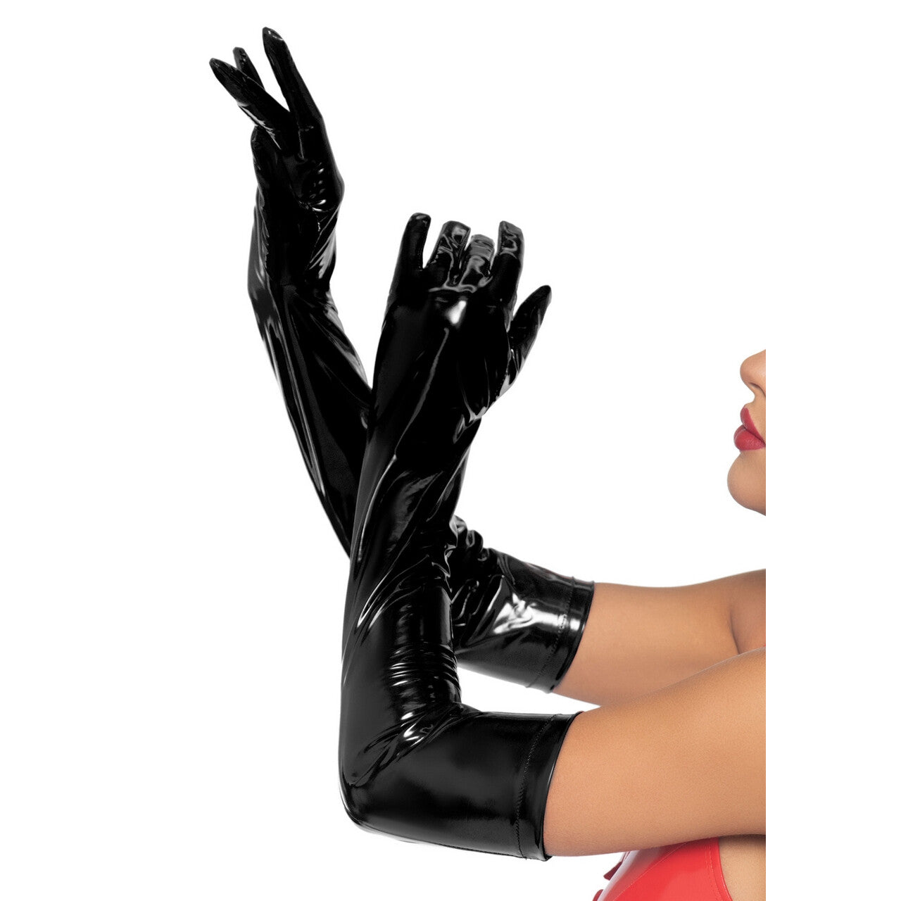 Op deze afbeelding zie je een Accessoires, van het merk Leg Avenue. Zwarte Lange Sm Vinyl Handschoenen