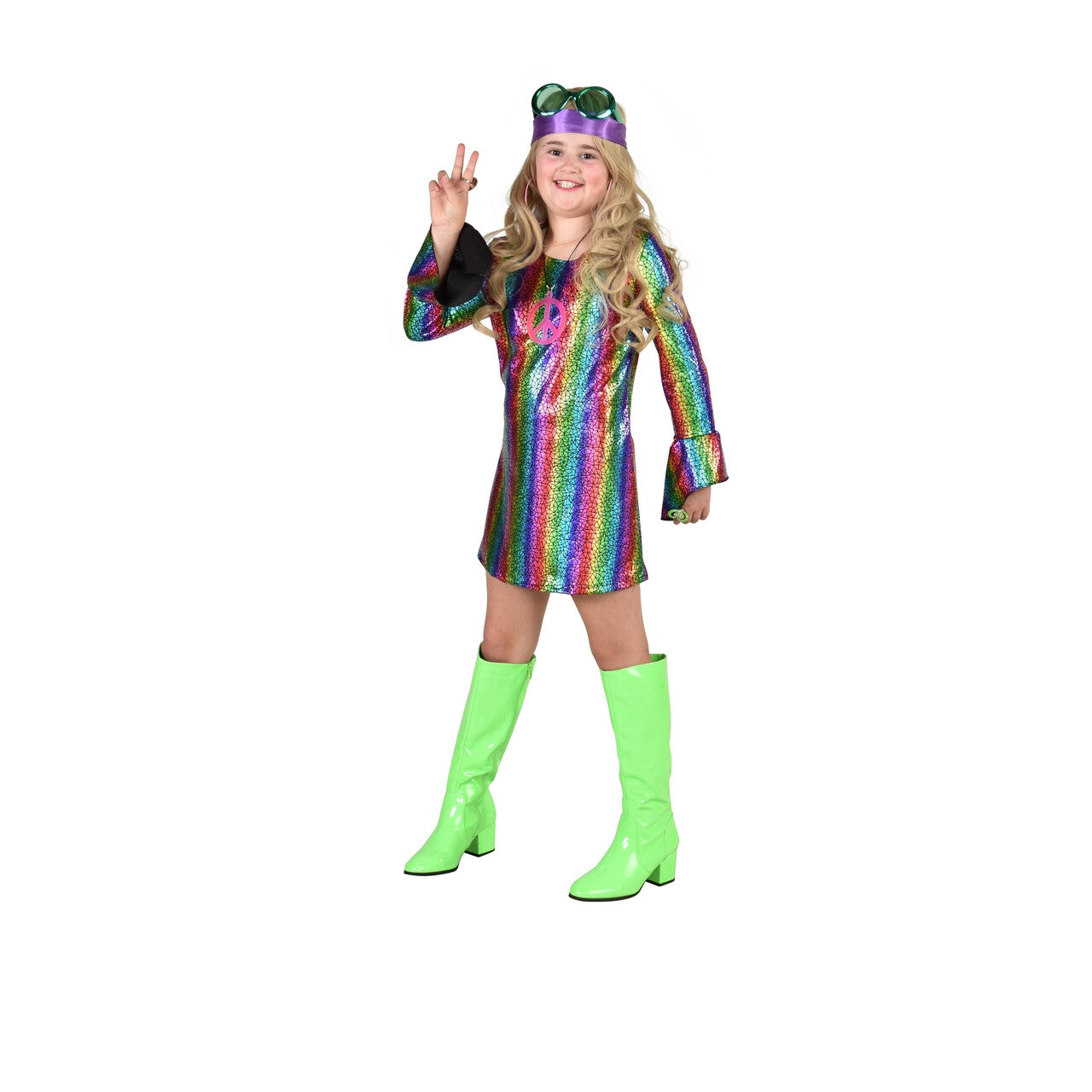 Op deze afbeelding zie je een Kostuums, van het merk Magic By Freddy's. Gestreepte Regenboog Dance Party Meisje Kostuum