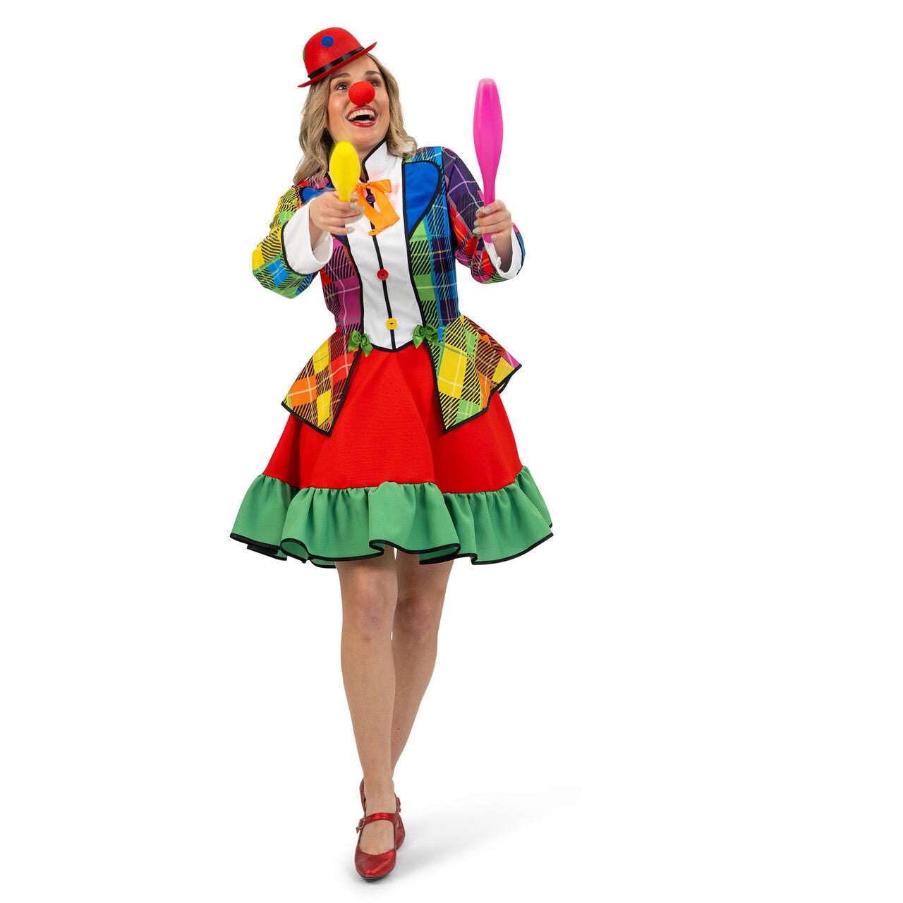 Op deze afbeelding zie je een Kostuums, van het merk Magic By Freddy's. Regenboog Clown Pipo Pracht Vrouw Kostuum